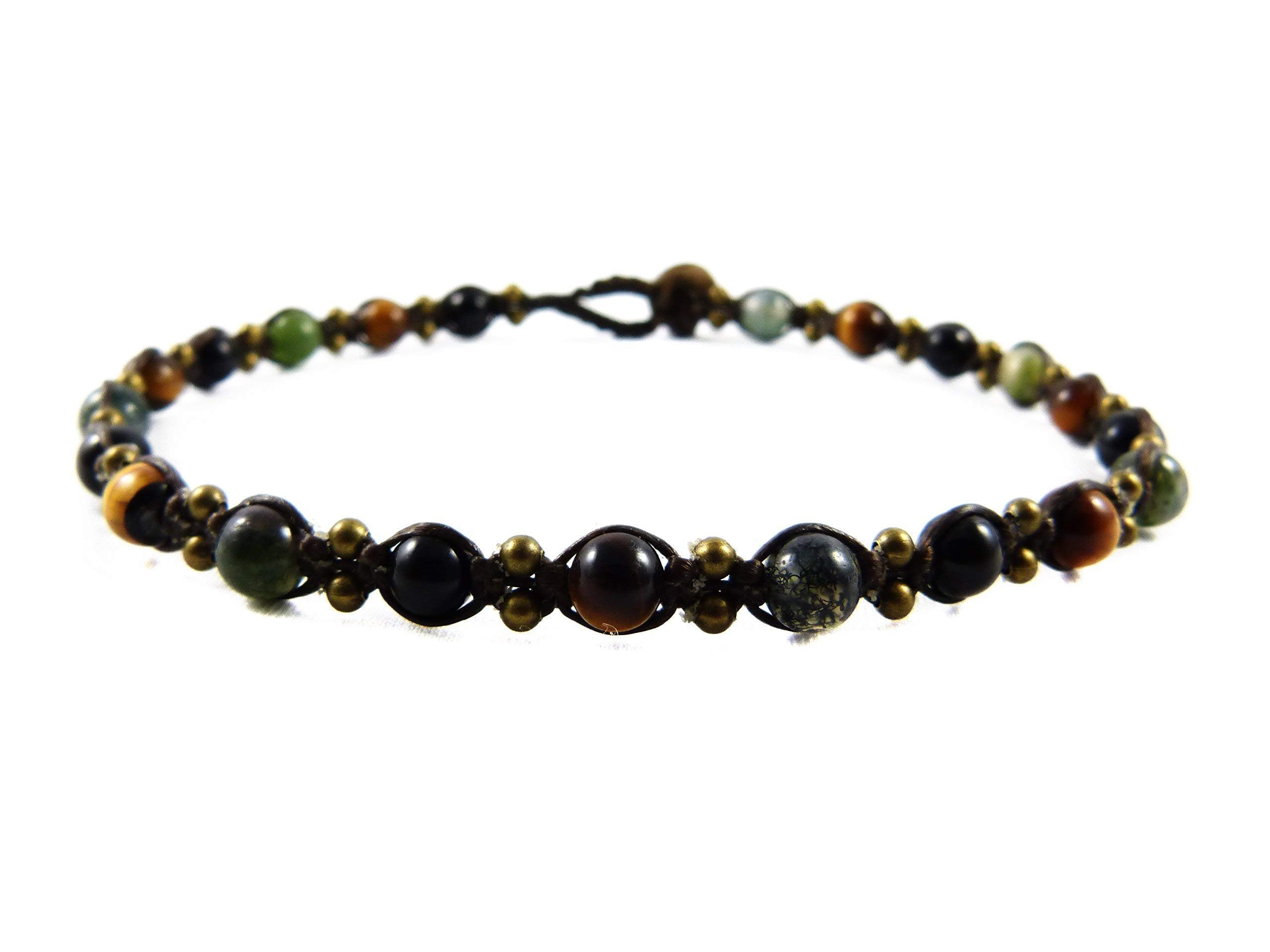Fußband mit Tigerauge und Moos Achat Perlen - Thailand Tribal Surfer Herren Unisex Fußkettchen