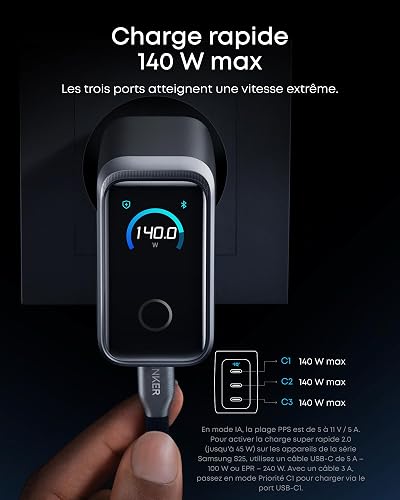 Anker Prime 160W USB C Ladegerät, kompakter GaN USB-C Ladeblock mit 3 Ports, Smart Display, Touch-Steuerung, ultra-schnelles 140W Laden bei 1 Port, für Laptop, MacBook, iPad, iPhone 17/16/15 und mehr - 4