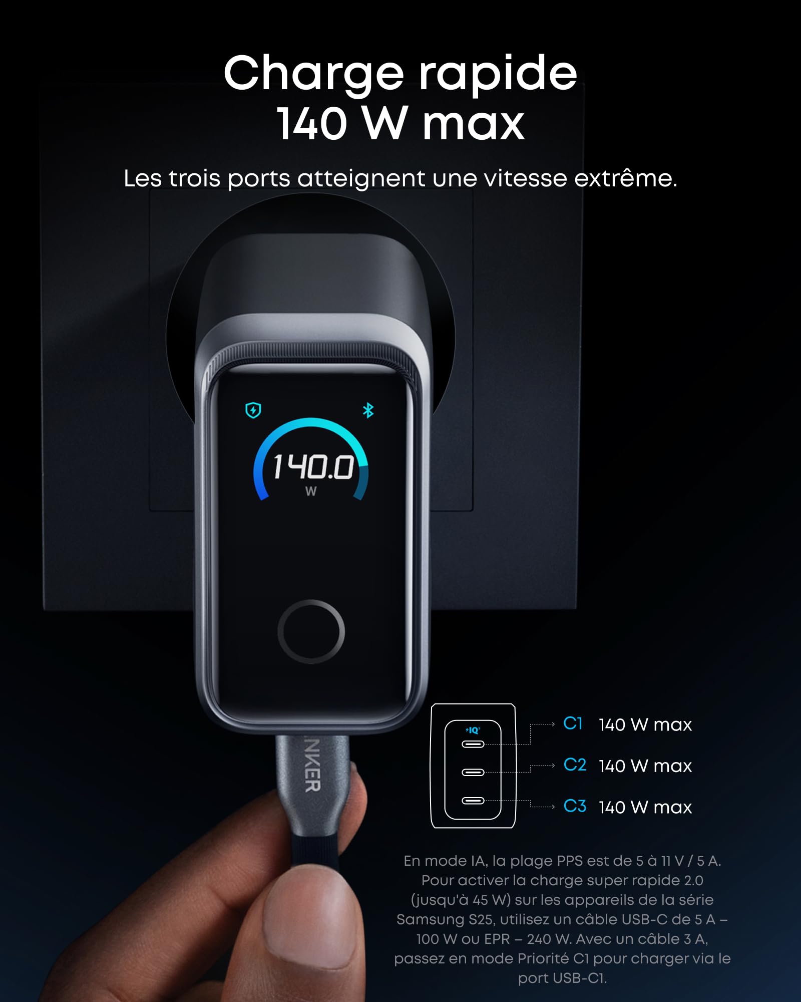 Anker Prime Chargeur USB C 160 W Compact 3 Ports, écran Intelligent et Contrôle Tactile, Mode UltraFast 140 W pour Ordinateurs Portables, MacBook, iPad, iPhone séries 17 16 15 et Plus