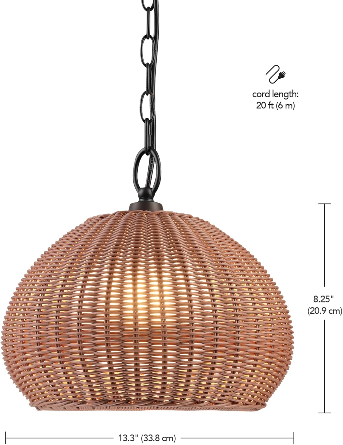 Globe Electric x Novogratz 44761 1-Light Outdoor Plug-in Pendant Lighting, Plastic Rattan Shade, Frosted Inner Layer, Bronze Hanging Cord and Chain, Ceiling Light, Indoor Compatible
