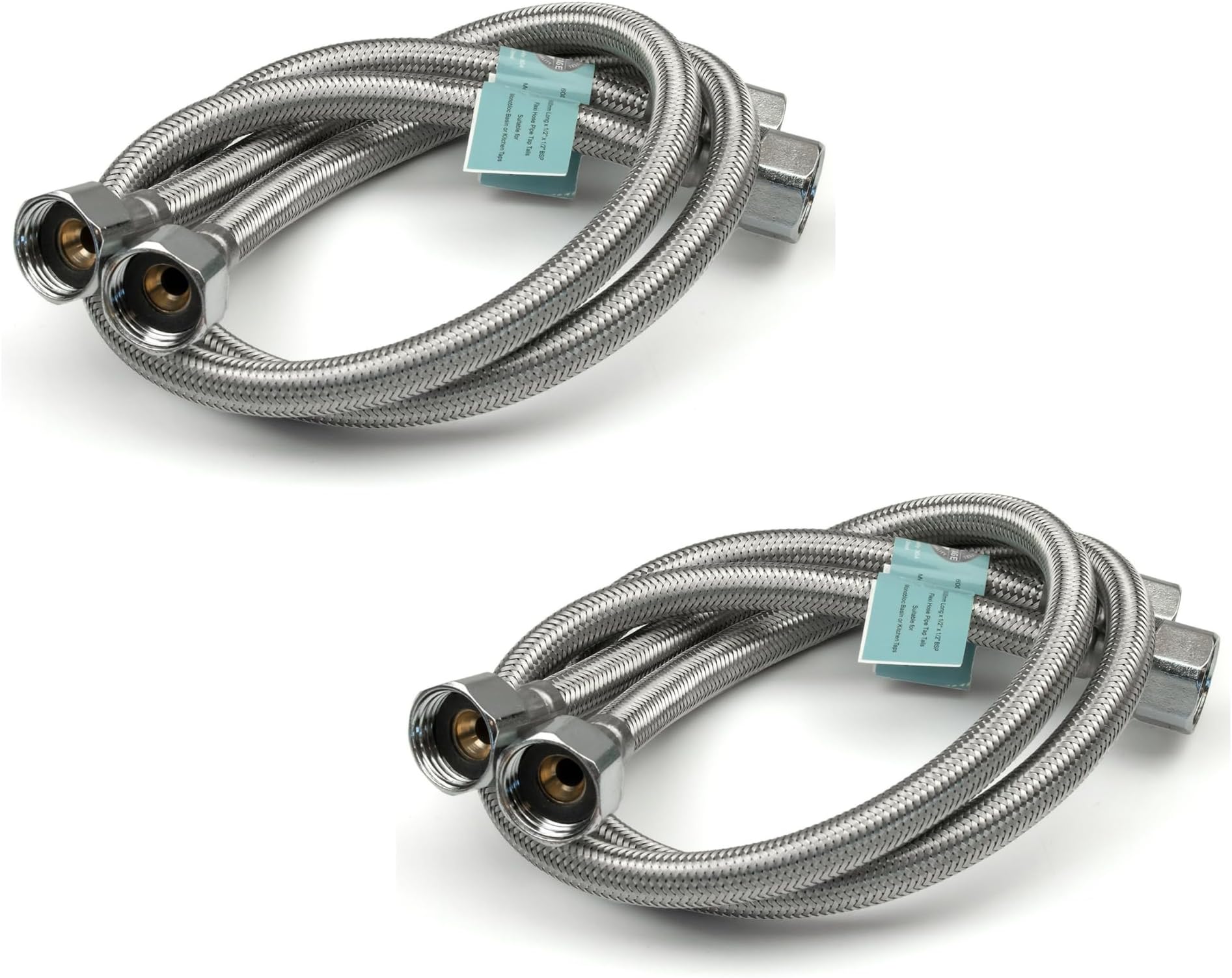 2 Pairs of 1/2" x 1/2" (Female to Female) BSP (600mm) Kitchen Basin Monobloc Mixer Tap Connector Flexible Hose Pipes Tail