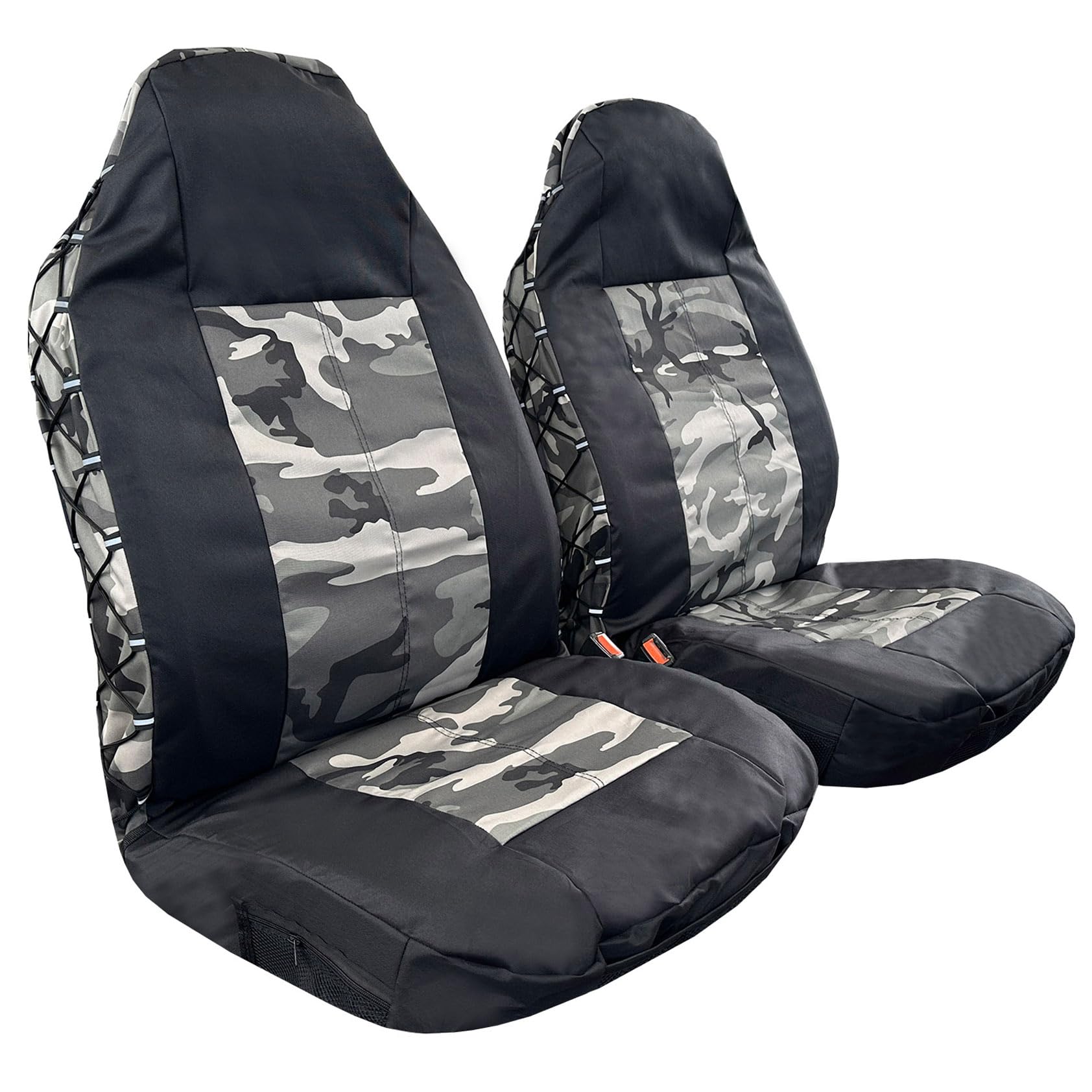 Fundas de asiento delantero de lona y camuflaje militar gris, protector de asiento delantero para asientos de coche con respaldo alto con organizador de múltiples bolsillos para almacenamiento