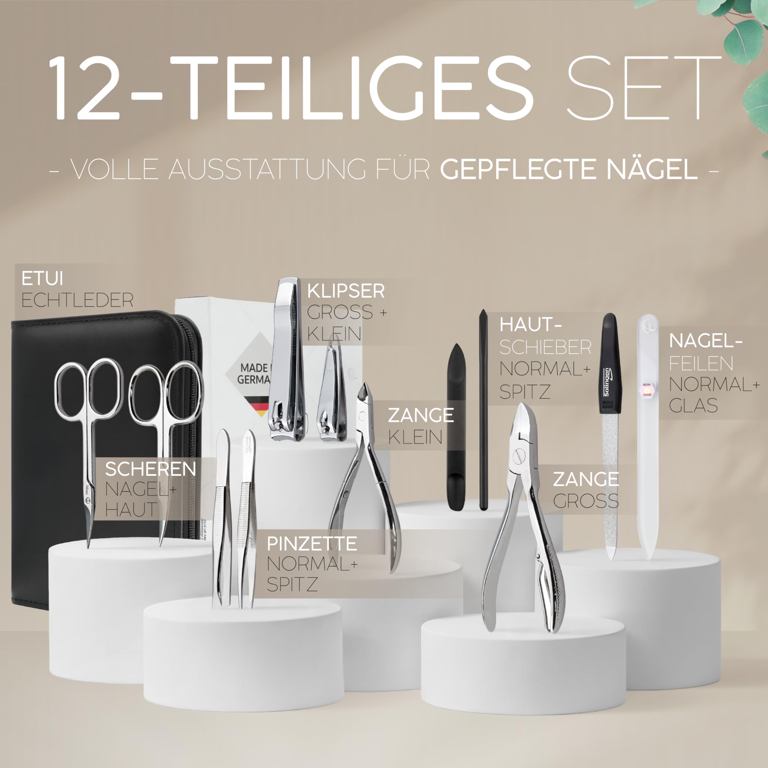 Marqus Solingen Komplett Maniküre Set 12 Teilig - Made in Germany, Nagelpflegeset in Hochwertigem Lederetui - Vollwertiges Set Und Perfektes Geschenk Für Frau & Mann