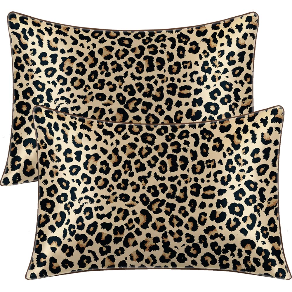 BlessLiving Satin Pillowcase Leopard Pillow Cases Set of 2 Bedding Pillowslip Envelope Closure Animal Print Cheetah Printed Pillow Cover for Hair and Skin, Brown,Queen(20''x30'')