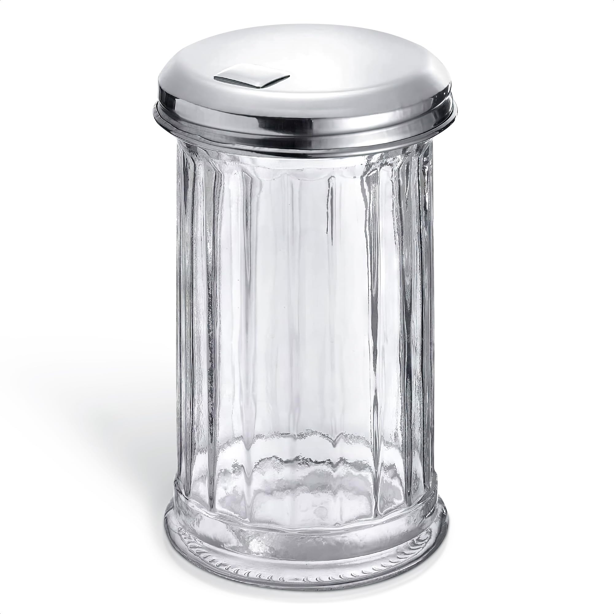 12 Oz Glass Sugar Container for Coffee Bar, Stainless Steel Lid | Clear Sugar Dispenser with Pour Spout; Durable Retro Salt & Seasoning Shaker Jar; for Home Kitchen, Restaurant, Cafe & Diner
