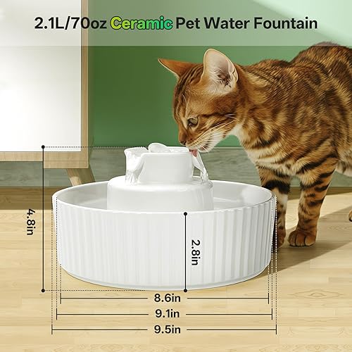 Miniatura 8 de Fuente de agua de cerámica para gatos, dispensador de bebida para mascotas de porcelana de 2.1L/70oz con 4 juegos de filtros de repuesto y esponja,