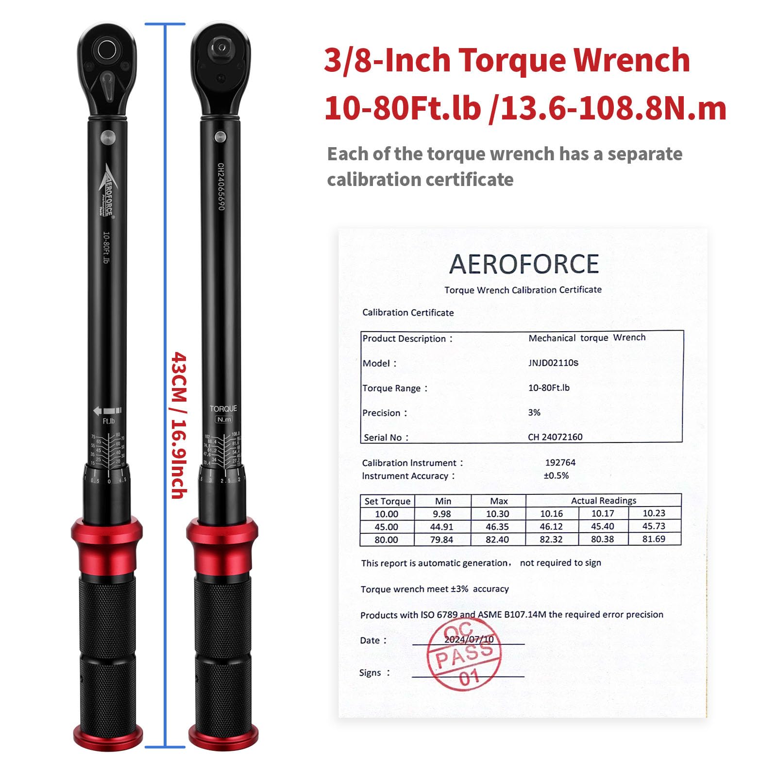 AEROFORCE Clé dynamométrique 3/8" (13,6-108,8 Nm), 72 dents ± 3 % CW Précision de couple professionnelle pour vélo, moto et voiture