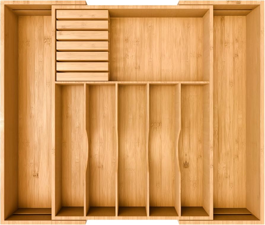Premium Expandable Kitchen Drawer Organizer - 100% Bamboo Organizer Tray - Great for Silverware, Large Utensils, Flatware, Cutlery - 8 Compartments with Knife Block - Perfectly Fits Your Drawers