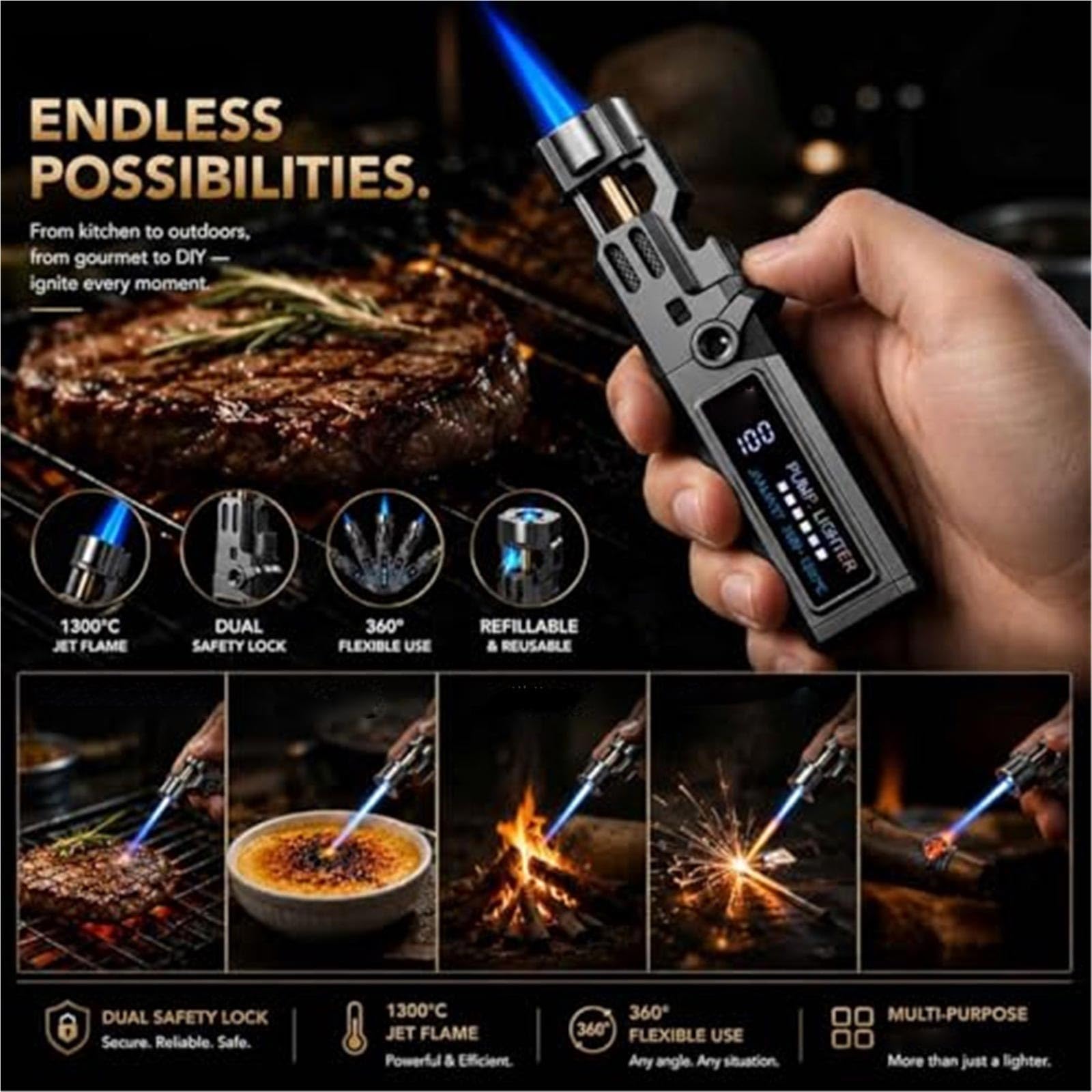 Encendedor resistente al viento con cerradura de seguridad y abridor de botellas, diseño de metal portátil, perfecto para velas, camping y regalo, funcionalidad 3 en 1