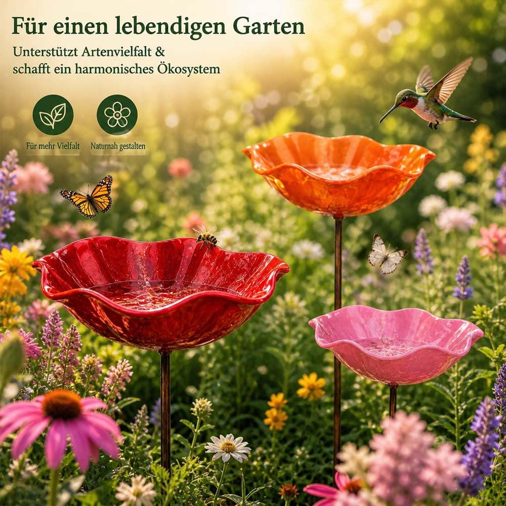 Blumenstecker VogelträNke,Blumen Gartenstecker VogelträNke,Gartenstecker Metall Blumen,BlumenträNke füR VöGel,Outdoor-Vogelfutterstation, Garten, Hof, Terrasse (Violett + Orange + Rot + Rosa)