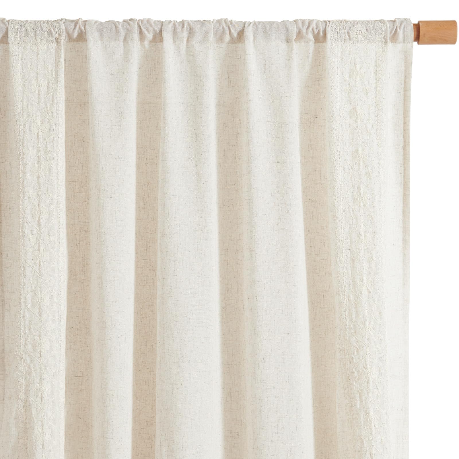 jinchan Linen Curtains for Bedroom Ivory Vintage Floral Farmhouse Curtains 84 Inches Long Boho Curtains for Living Room Embroidered Bordered Drapes Light Filtering Rod Pocket Ivory on Beige 2 Panels
