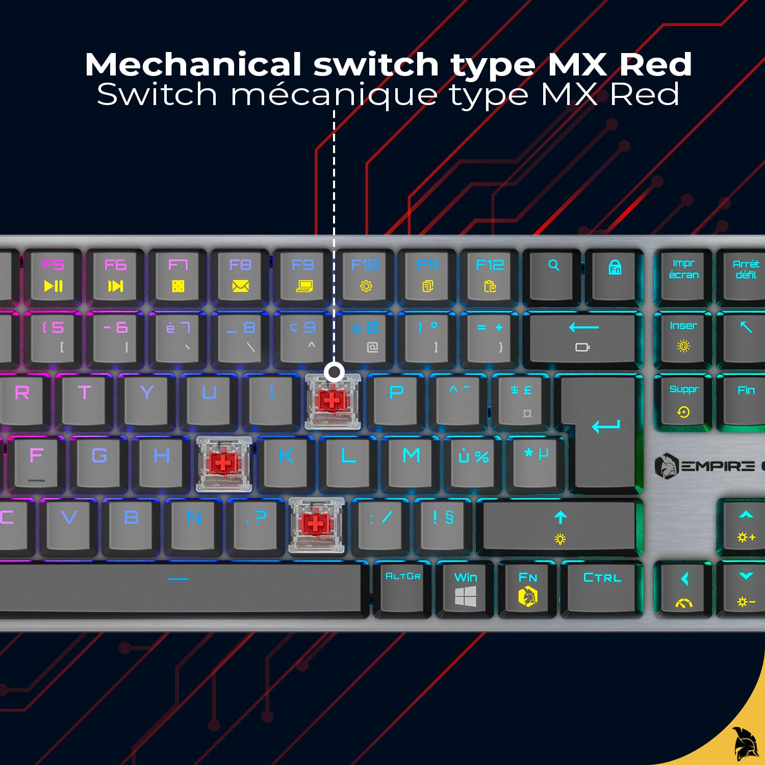EMPIRE GAMING RF243 – Clavier Gaming Mécanique sans Fil Slim Low Profile en Aluminium,Rechargeable FR (AZERTY), Triple Mode (2,4GHz/BT/USB-C), 111 Touches MX Red, RGB, NKRO, Compatible PC/Mac/P5/P4/XB