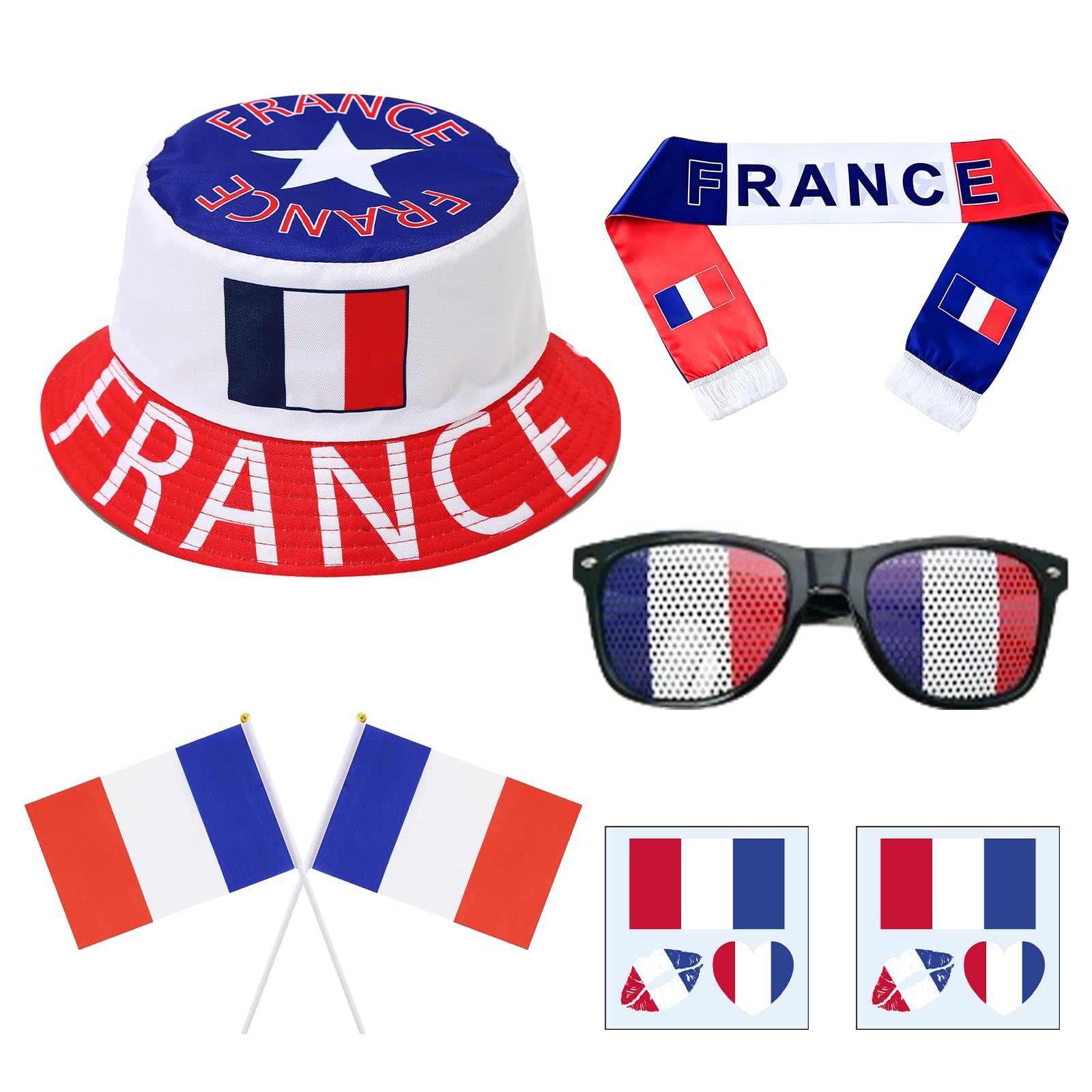 Kit Supporter France 7 Pièces, Football Accessoire Chapeau avec Lunettes, Drapeaux et Tatouages pour la Coupe du Monde 2026, Idéal Lors des Soirées de Match pour Garçons et Filles