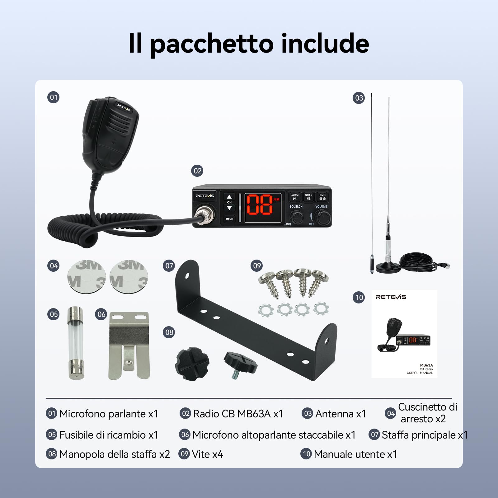 Retevis MB63A Radio CB, AM FM CB Auto con Antenna, Filtro Antirumore NB/ANL, 12V/24V con Accendino, Sistema PA, con Microfoni 6 Pin, 40 Canali, 4W, EMG CH9/19, per Camion Camper