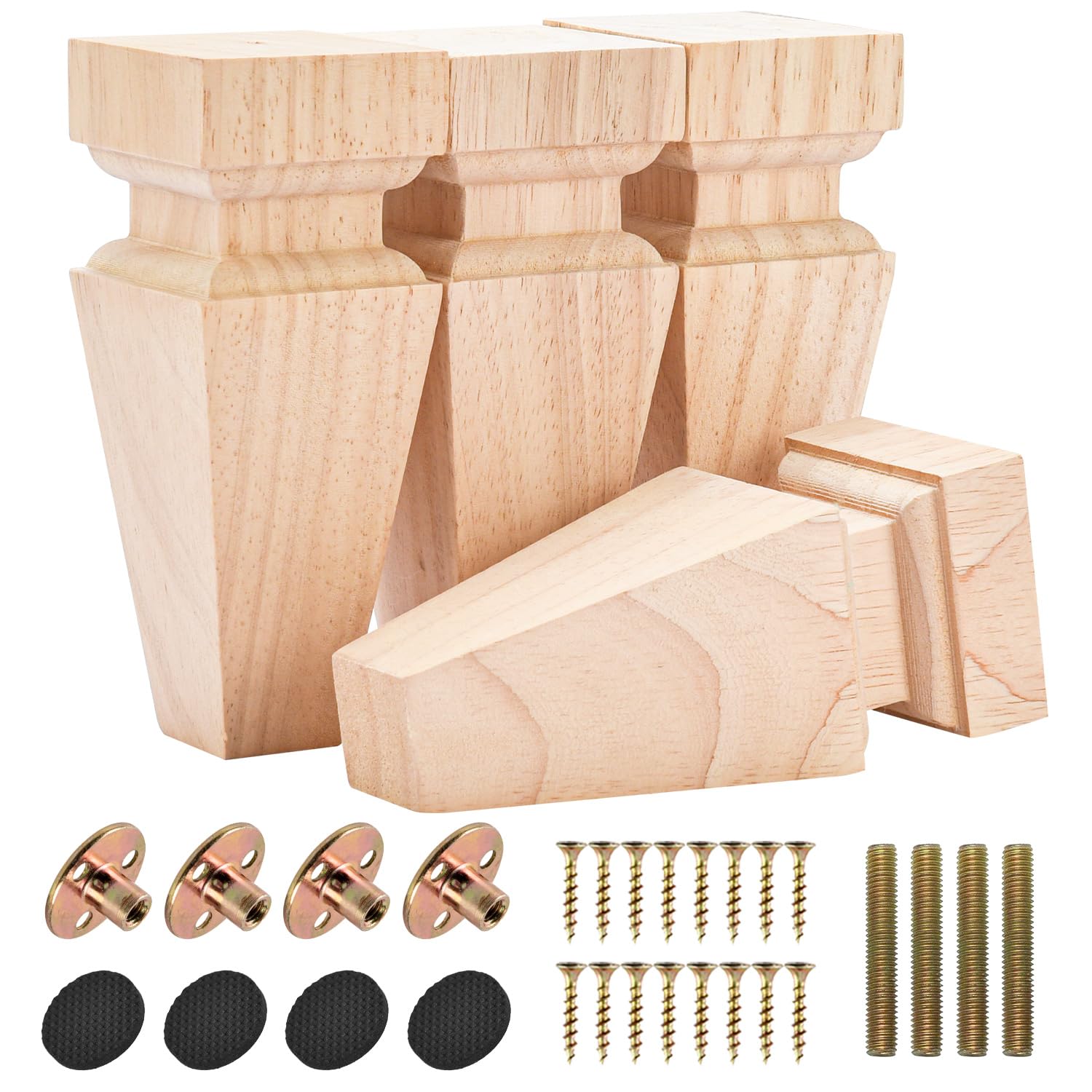 Btowin VCF 6 Inch / 15cm Wooden Furniture Legs, 4PCS Solid Wood Carved Geometry Sofa Legs Unfinished DIY Replacement Bun Feet with Mounting Plate & Screws for Sofa Cabinet Couch Table TV Stand