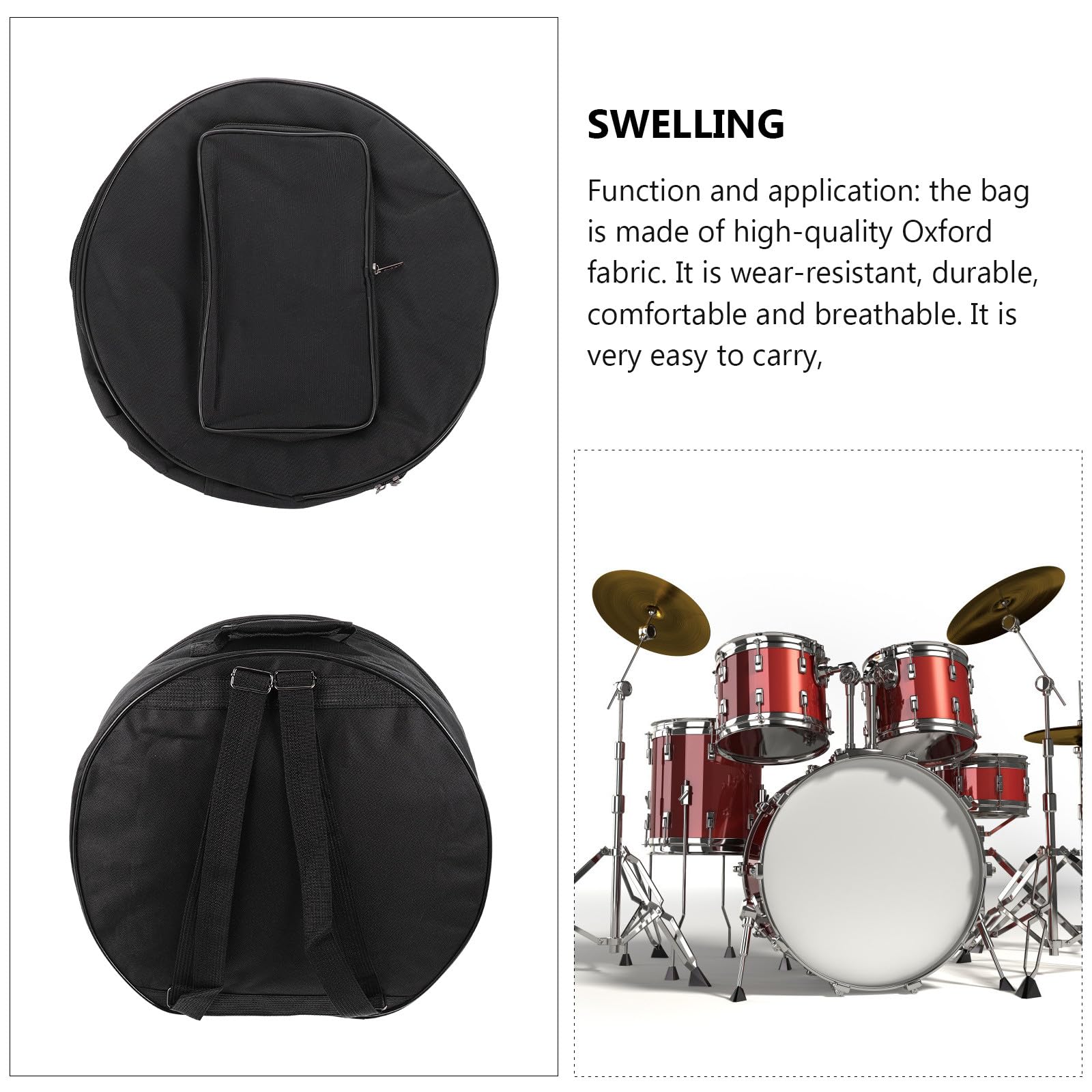SECFOU Bolsa Acolchada para Caja de Batería 13-14 Pulgadas Funda Negra Bolsillo Exterior para Baquetas Mochila Portátil Resistente para Instrumentos de Percusión