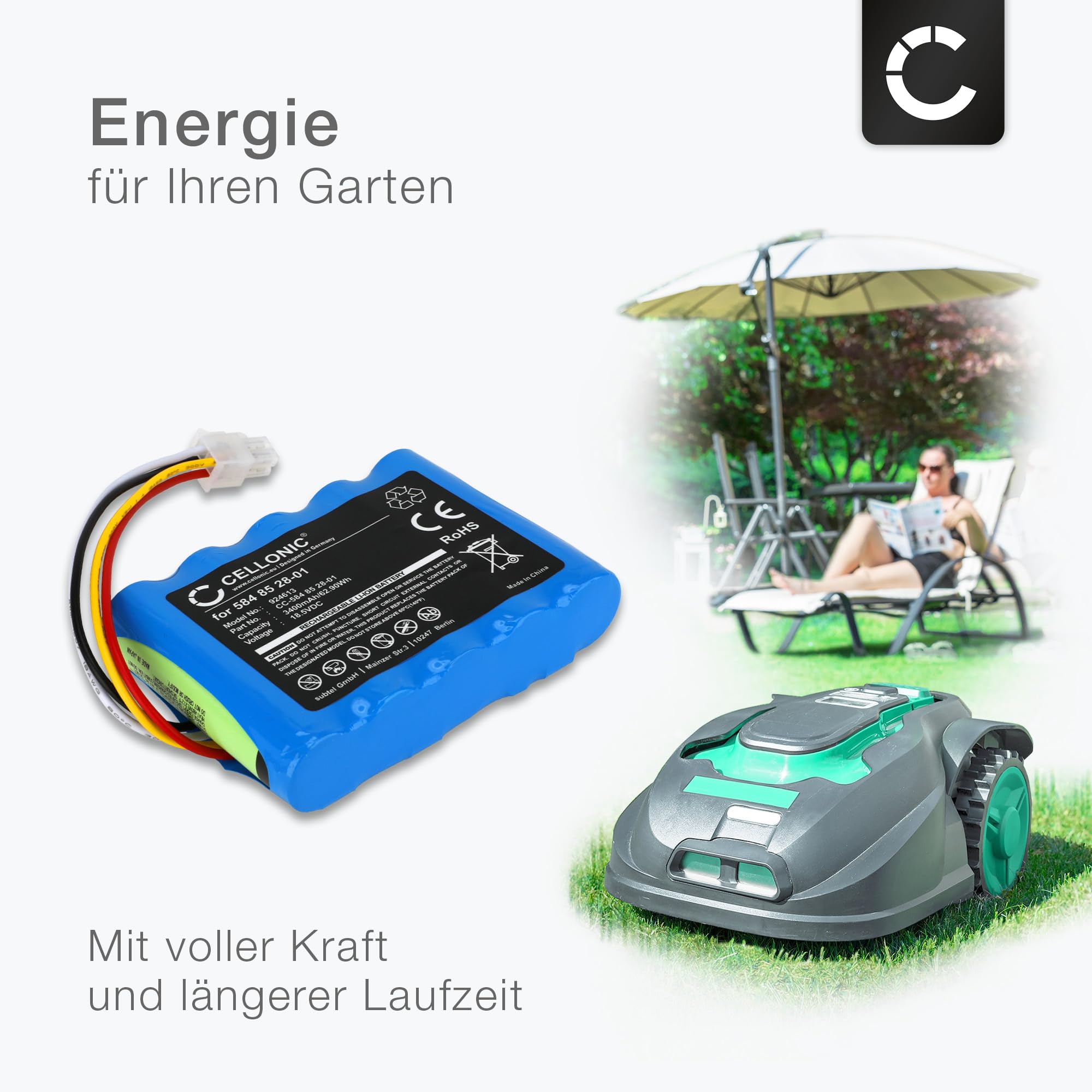 CELLONIC 1x Akku für Garten Kompatibel mit Gardena Sileno, Kompatibel mit Husqvarna R100Li, R100Lic, 589586201 - (3400mAh, 18.5V)