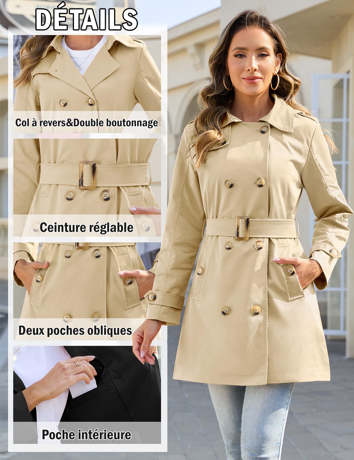 Tuopuda Trench-Coat Femme Double Boutonnage Manteaux imperméables Longues Col Rabattu Classique Coupe Vent Veste Léger Casual Ajustée Manteaux
