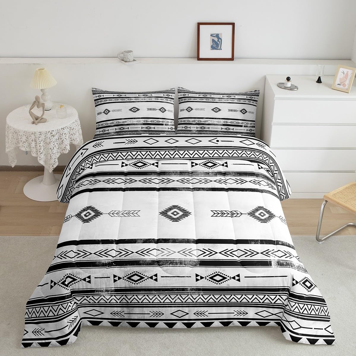 jejeloiu Southwestern Bedding Set King Size Tribal Comforter Set for Kids Boys Geometric Comforter Native American Design Black White Duvet Set Bedroom Quilt Set