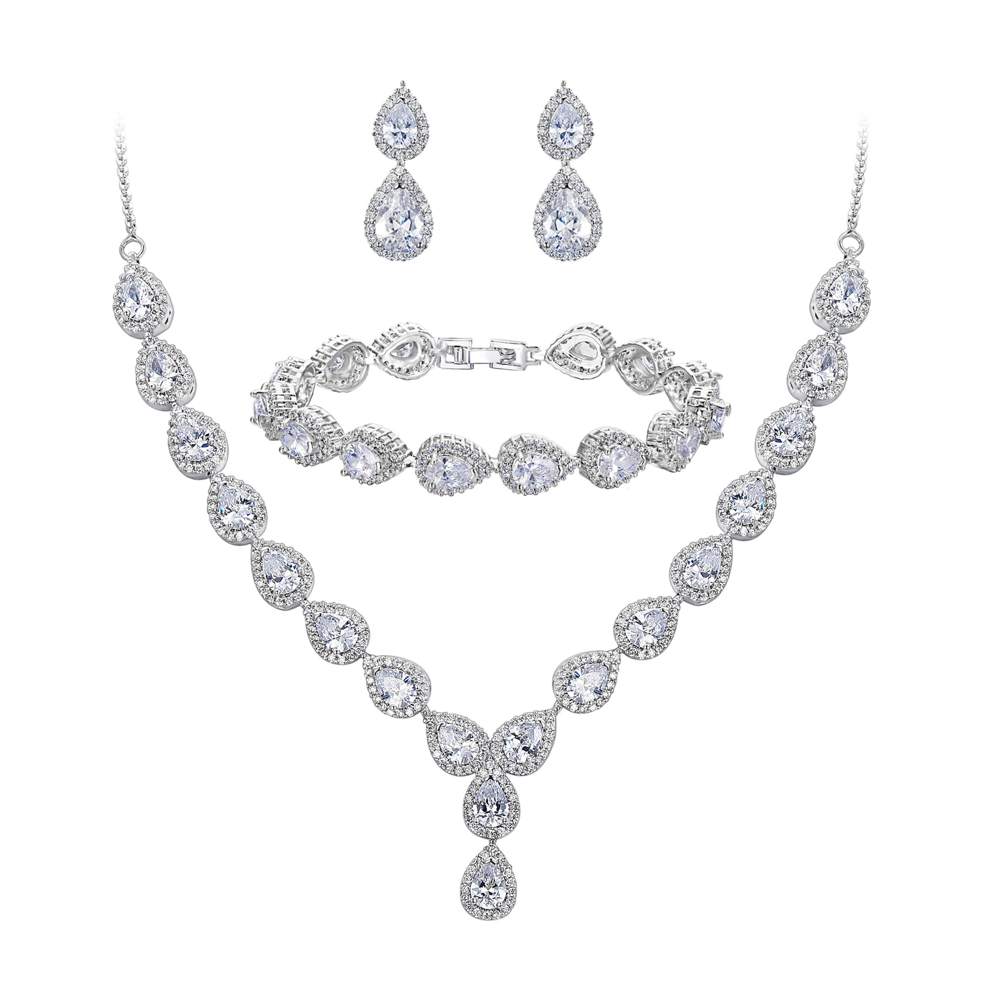 BriLove Wedding Jewelry for Bride Marquise CZ Flower Leaf Filigree Necklace Earrings Set