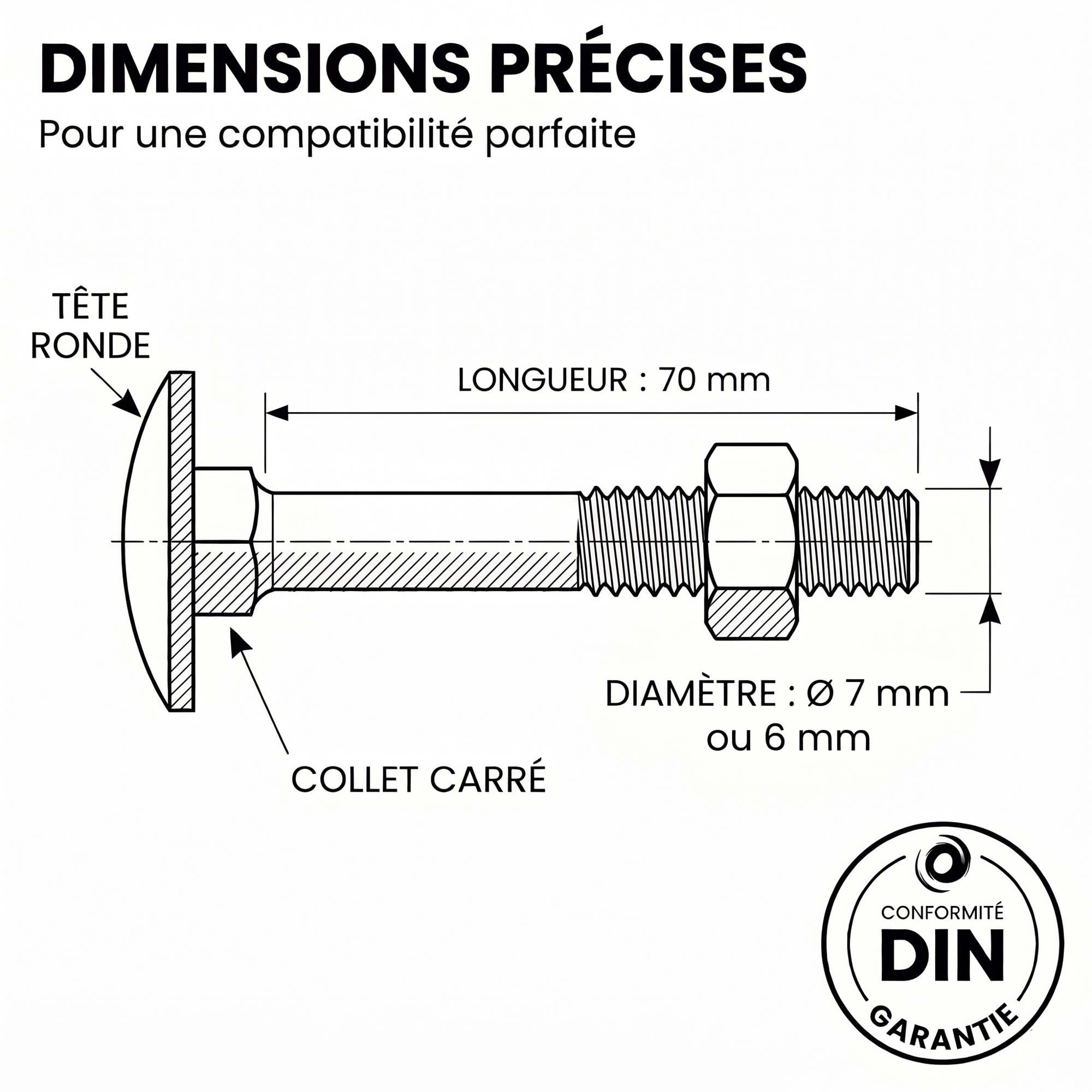 100 Vis tête ronde collet carré zingués Noir - longueur 70 mm