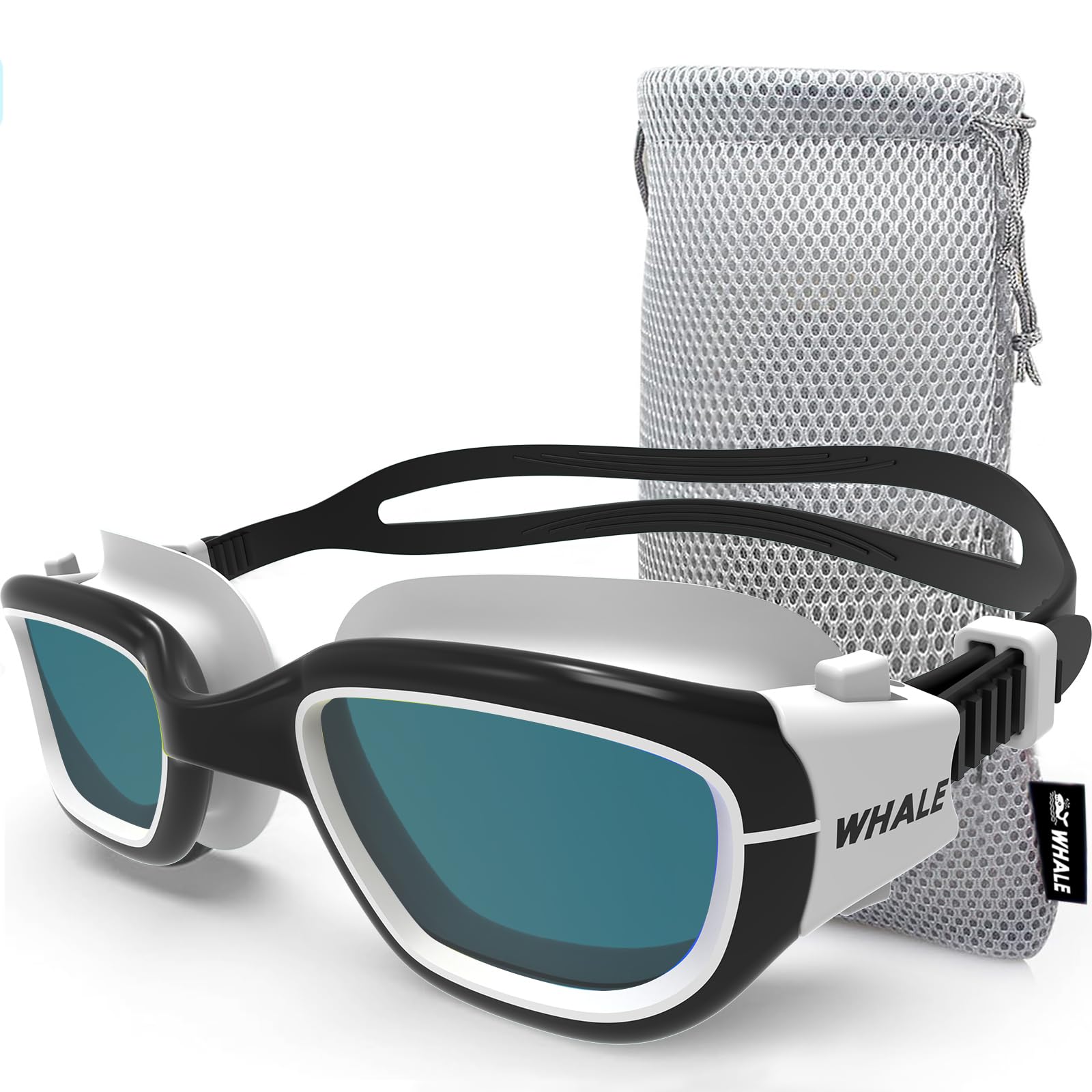 Whale Swim Goggles-A2 GE Patented Upgraded Polarized Swimming Goggles Anti-Fog Anti-UV for Adult Men Women Youth (Plane mirror, Black and white frame)
