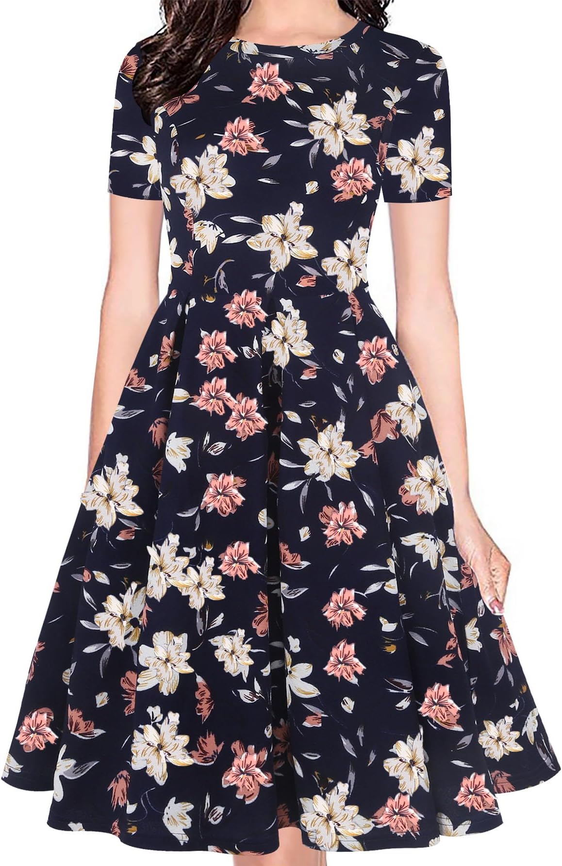 Women's Vintage Half Sleeve O-Neck Contrast Casual Pockets Party Swing Dress OX253