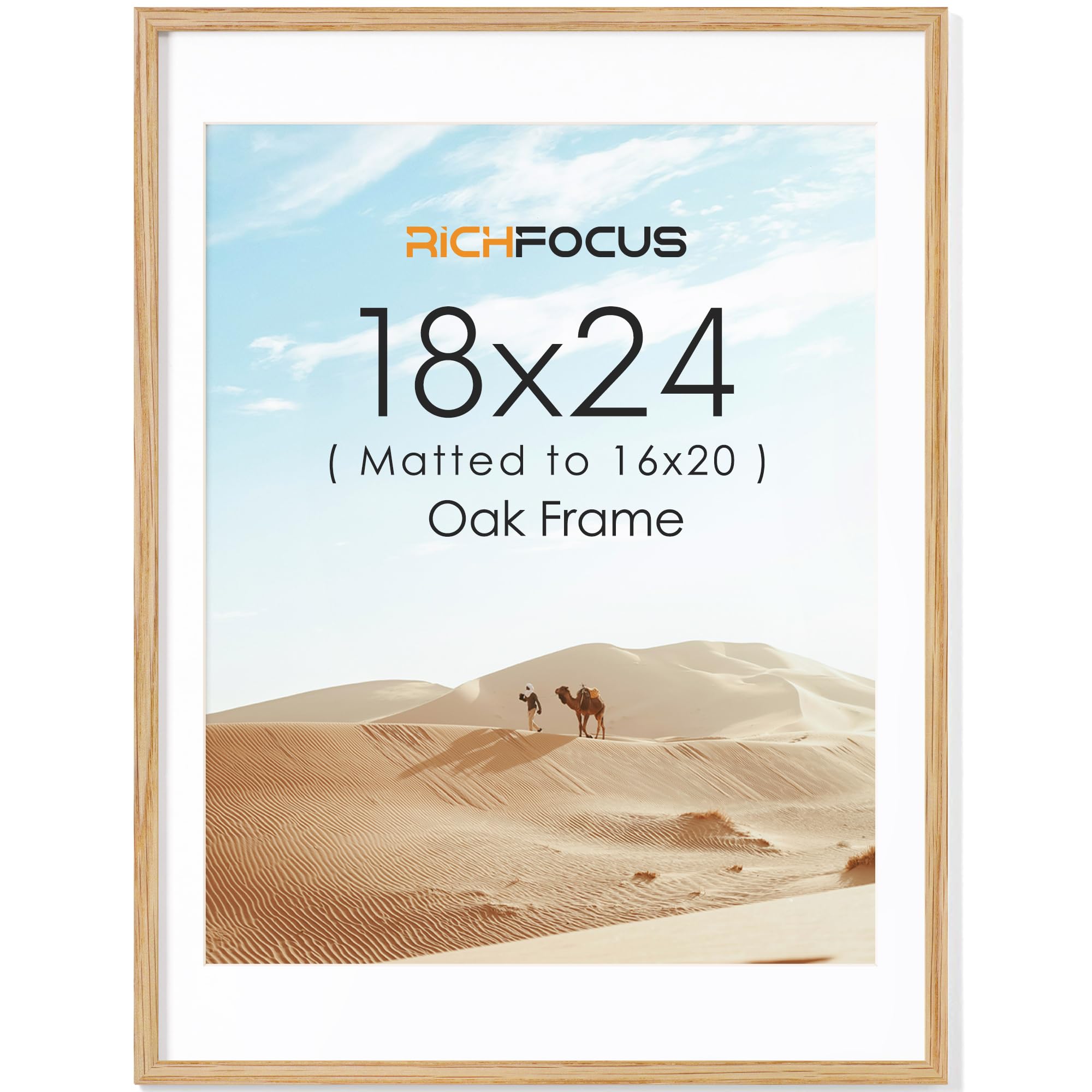 RICHFOCUS 18x24 Frame with Mat for 16x20|Solid Oak Wood 18 x 24 Poster Frame|Rustic 24x18 Picture Frames for Wall with Tempered Glass|Collage Gallery Frames|Natural Oak, 1 Pack