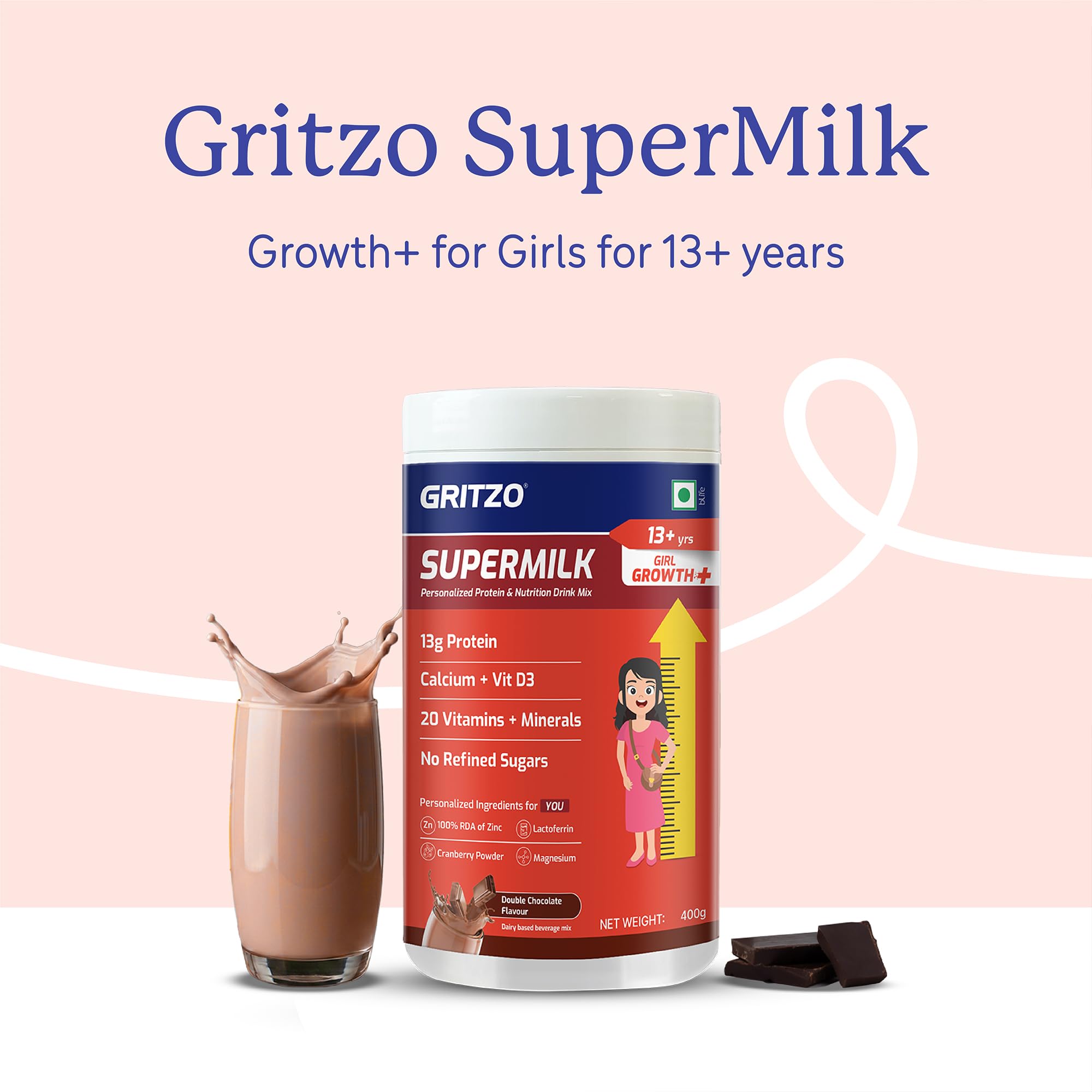 Gritzo SuperMilk Growth+ (13+ Girl), Double Chocolate, 400g + Sipper — Amazon image 2