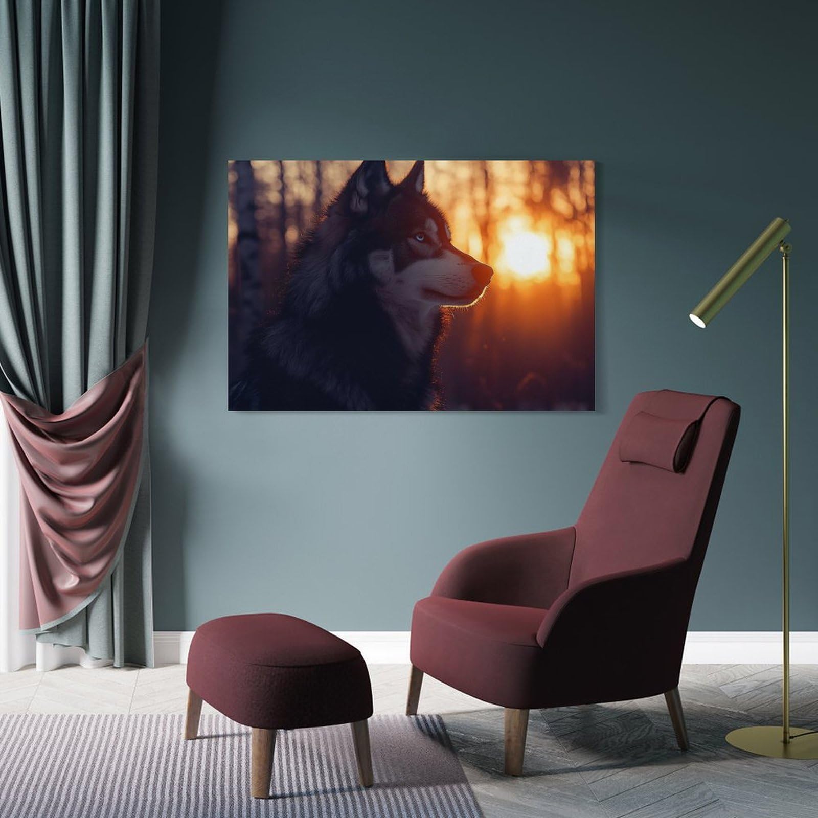 Junmoney Wall Decor Canvas Print Husky in Sunset, 20x30inch(50x75cm), for Bedroom, Lounge Or Dressing Area, Stylish Decor for A Restful Room Update