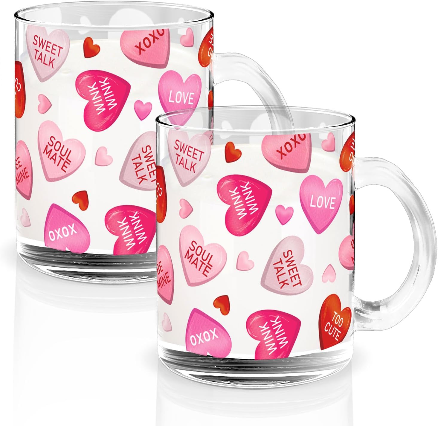 FYSUIMU 2Pcs Valentine Glass Coffee Mugs with Handle 12oz Colorful Conversation Heart Coffee Cups Beverage Drinking Glasses for Wedding Birthday Home Decor