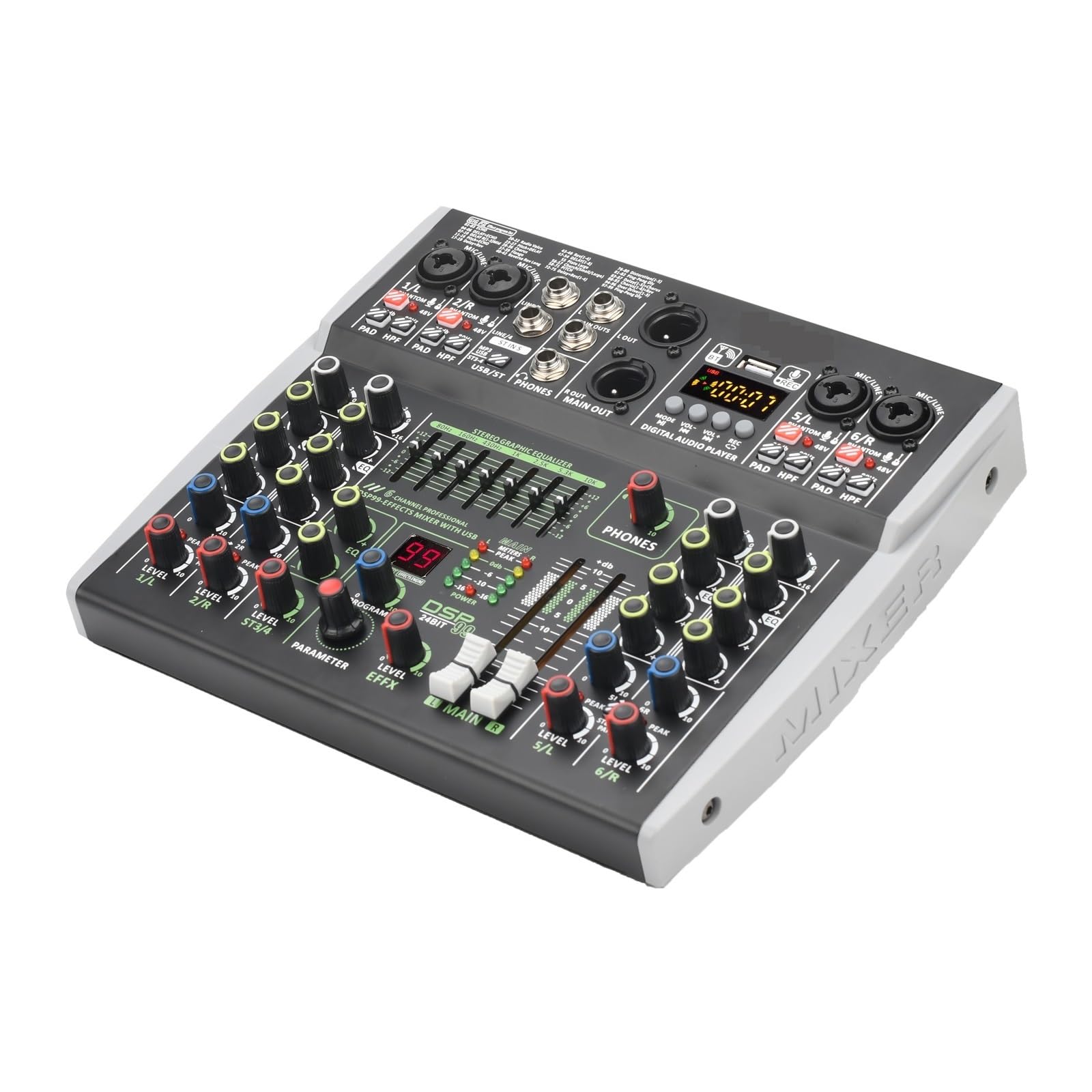 VChics Mixer Audio, Mini Mixer Audio A 6 Canali Console di Missaggio Audio 48V 99 DSP Tavolo PC USB Professionale Registra Riproduzione per Chitarre, Bassi, tastiere
