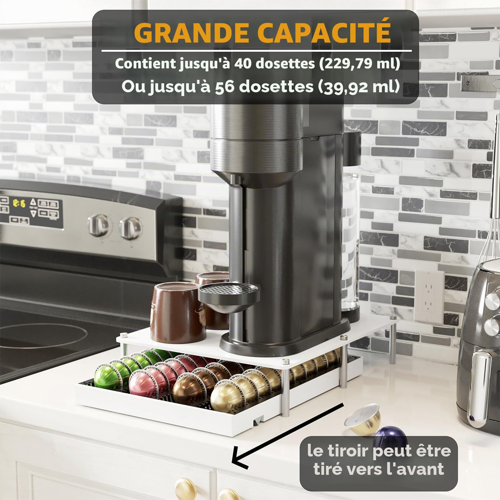 SpaceAid Tiroir de rangement en bambou pour dosettes de café compatible avec capsules Nespresso Vertuo, plateau de rangement compatible avec 40 grandes ou 56 petites dosettes, blanc