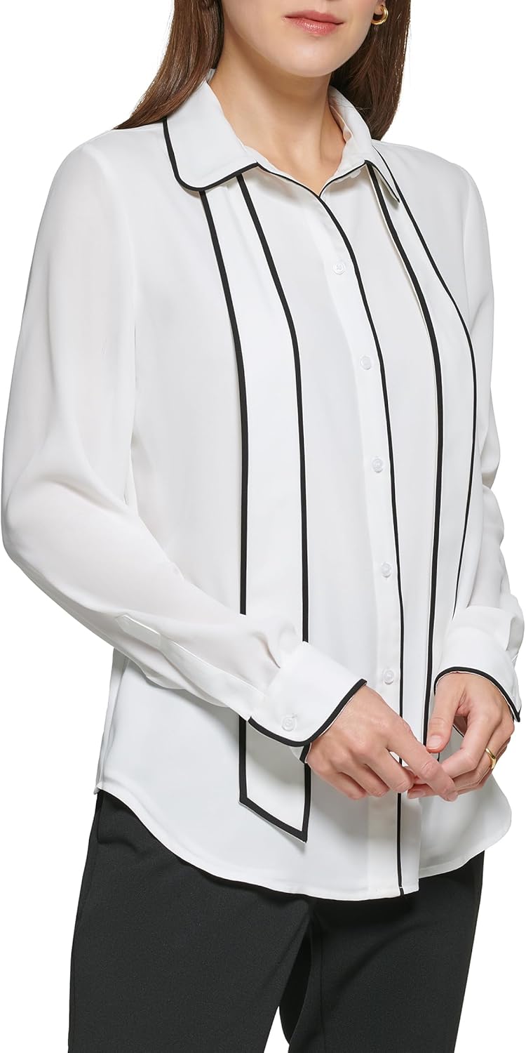 DKNY Womens Long Sleeve Button Front Collared Blouse - Image 4