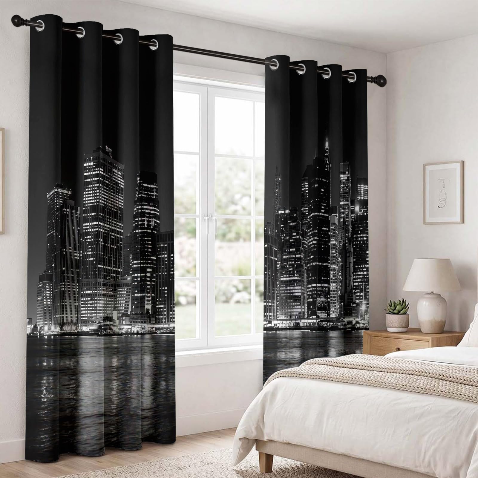 Generisch Modern Urban Verdunkelungsvorhänge, H200 x B70 cm Manhattan-Skyline Wolkenkratzer Fluss Vorhänge mit Ösen 2er Set für Schlafzimmer, Schwarz Raumverdunkelung Fenstervorhänge für Wohnzimmer