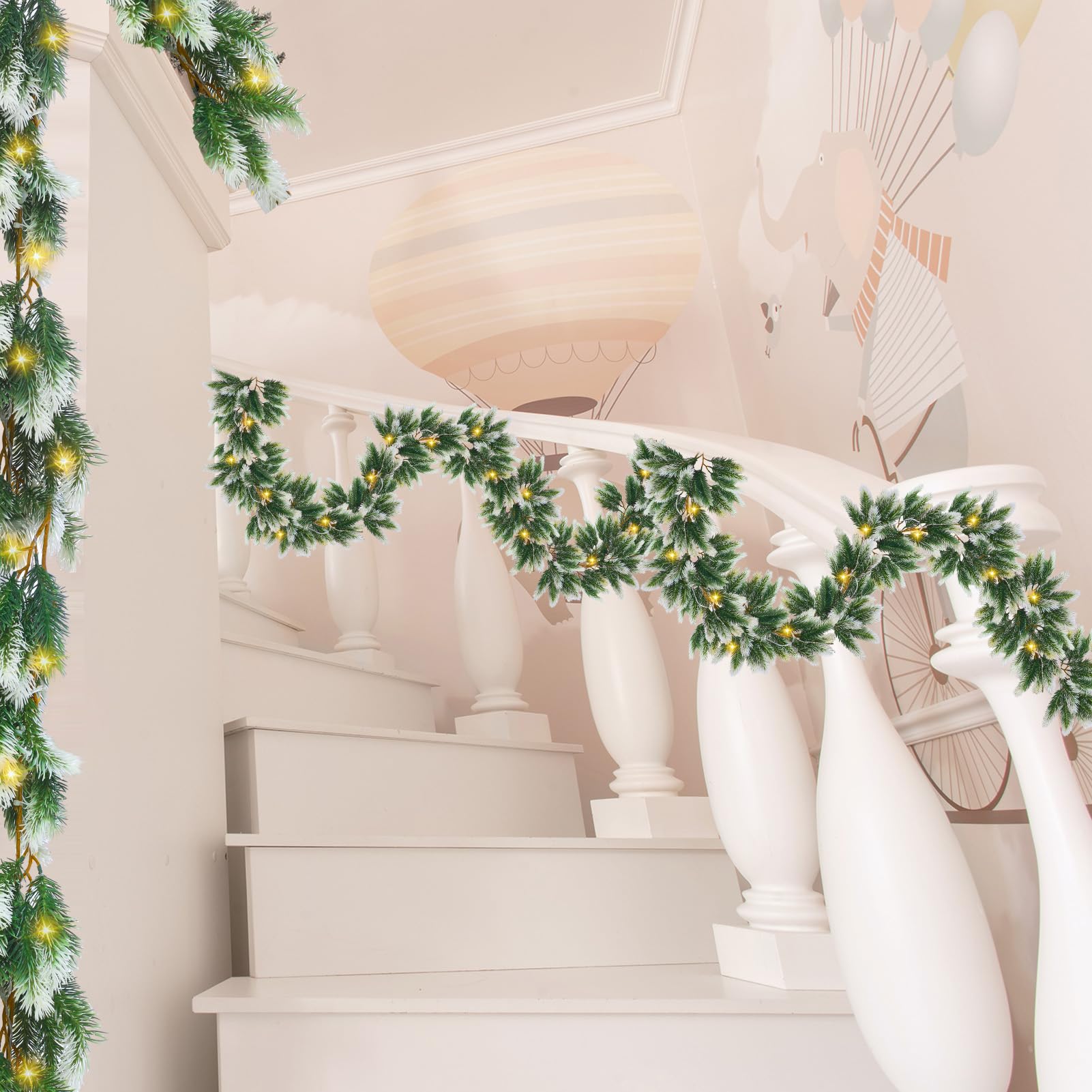 Chuangdi Lot de 6 guirlandes de Noël floquées de neige artificielles avec lumières - Guirlande de pin de cèdre blanche pour cheminée, table, porte d'entrée, décoration d'escalier (lot de 6, LED blanc