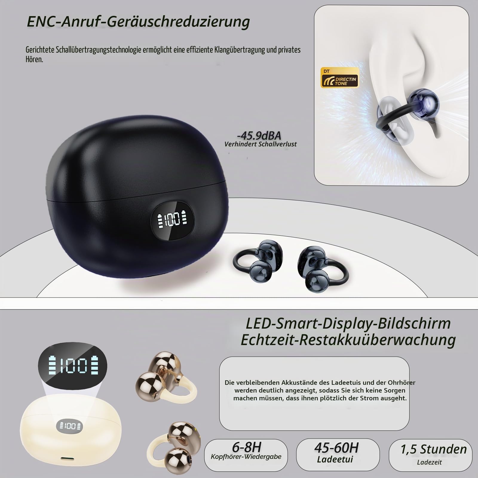 Kabellos Bluetooth Kopfhörer, Open-Ear-Kopfhörer, Ohrclip mit Beeindruckender Klang, Bluetooth 5,4, 40H Akk, Léger et Stable Seulement 4.5 g, Ipx6, iOS & Android™, Besonders leicht für ganztägigen