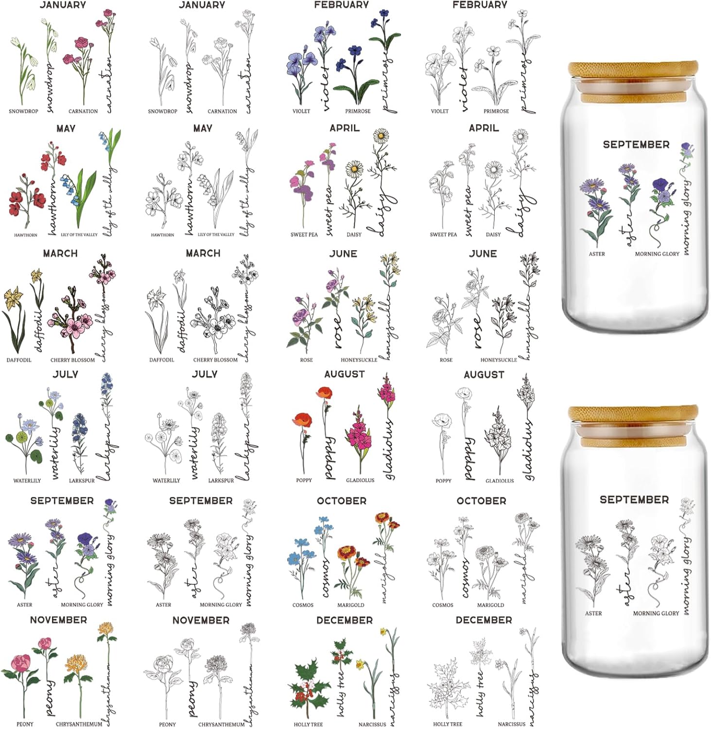 AFRITEE UV DTF Cup Wraps - 24 Sheets Birth Flowers By Month Uvdtf Tumbler Wrap for 16 oz Coffee Mugs, Roses Daisies Violets Transfer Stickers DIY Water Bottle Craft Decals Decoration Gift for Mom