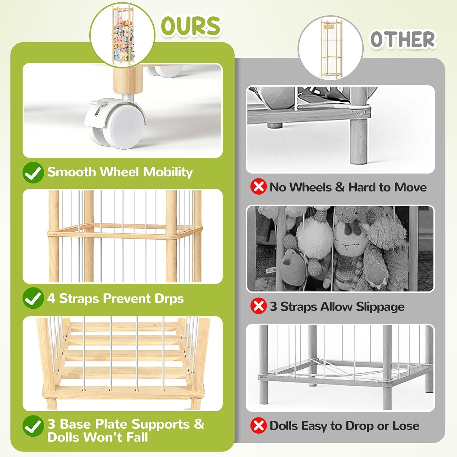 Stuffed Animal Storage Organizer,Large Wooden 𝐓𝐨𝐲 Plushies Storage Holder with Brake Wheels,Space Save 𝐓𝐨𝐲𝐬 Organizer, Large Capacity Stuffed Animal Holder for 𝐊𝐢𝐝room Playroom, 53.5"