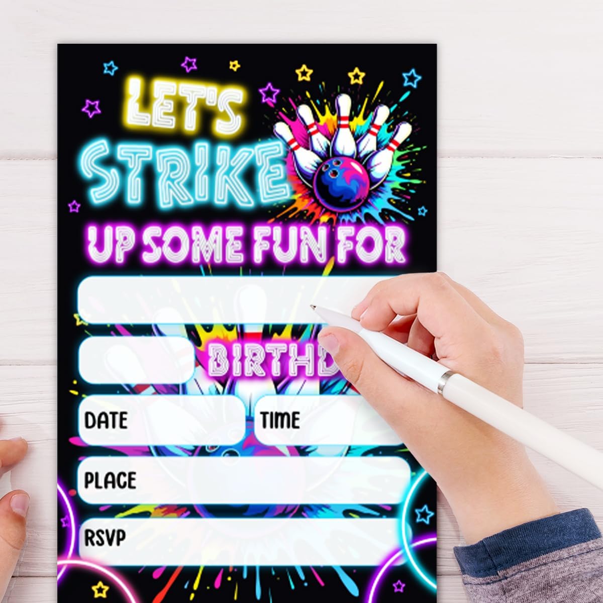 Neon Bowling Birthday Party Invitations, Bowling Party Invitations Card for Boys Girls (30 Cards & 30 Envelopes)