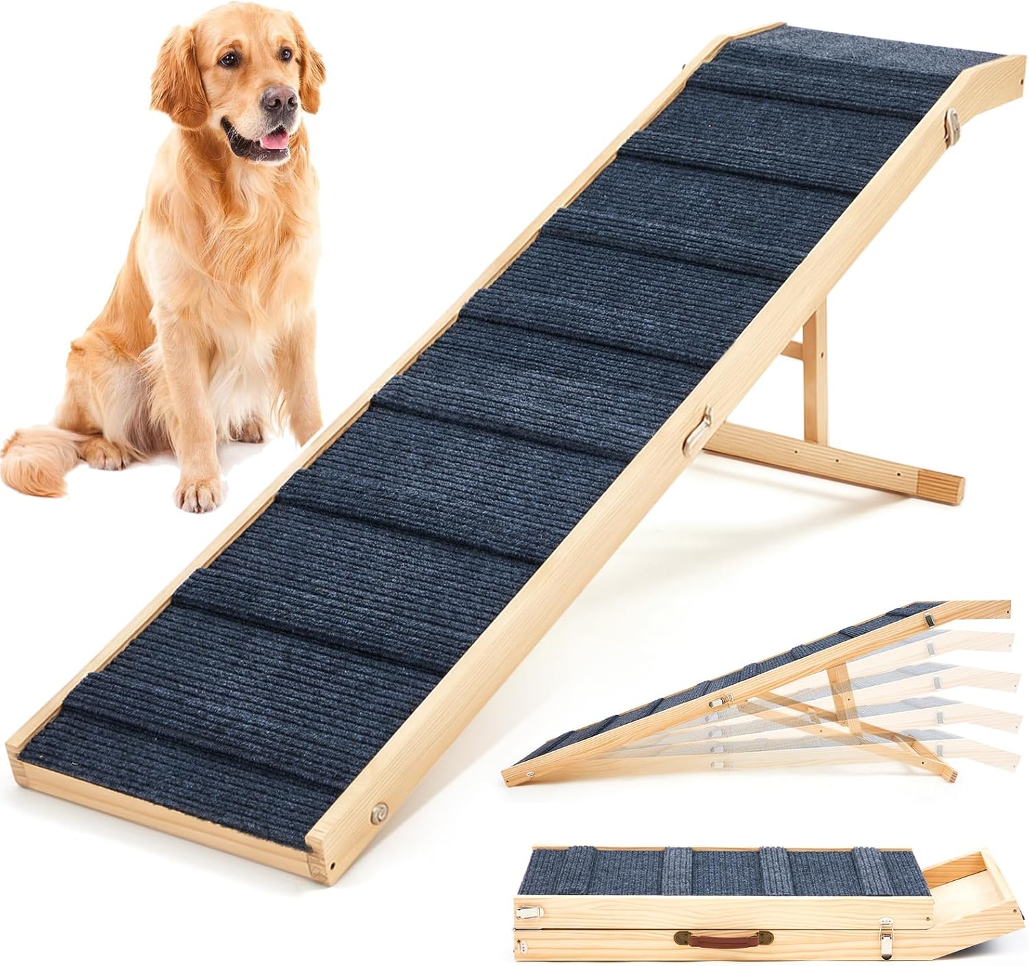 Foldable Dog Ramp for Bed/Couch/Car, 75” Extra Long Wood Ramp with Anti-Slip Carpet, Gentle Long Slope, Top Landing Platform, 5 Adjustable Heights, Up to 200 Lbs, Ideal for Older and Larger Dogs