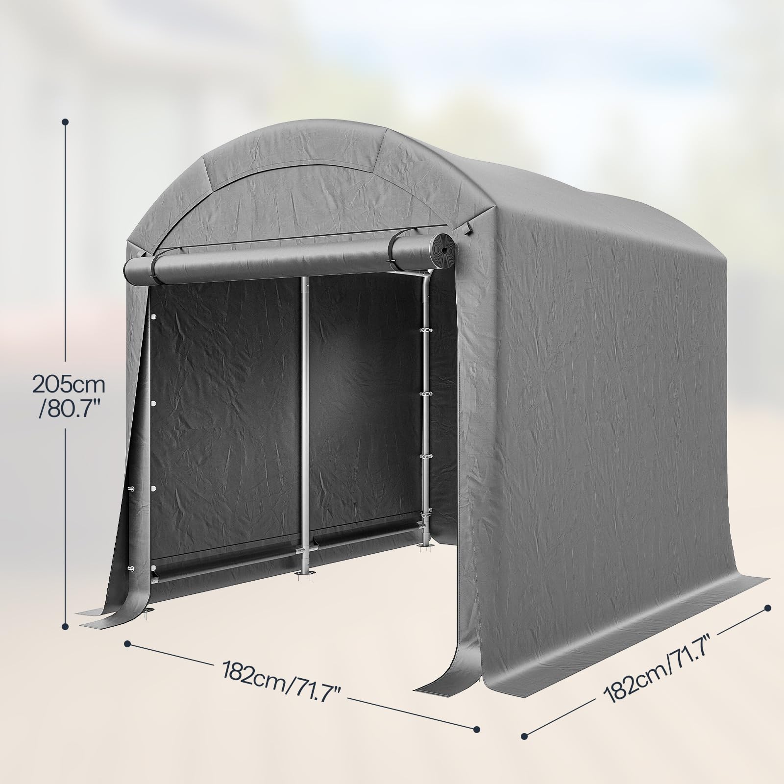 LARMNEE Fahrradunterstand, Fahrradgarage, Gerätehaus, Garagenzelt, 182 x 182 x 205 cm, Carport Lagerzelt Gerätezelt für Gartengeräte Fahrräder, für Garage, Garten, Abstellraum, Grau EGY01ZX02