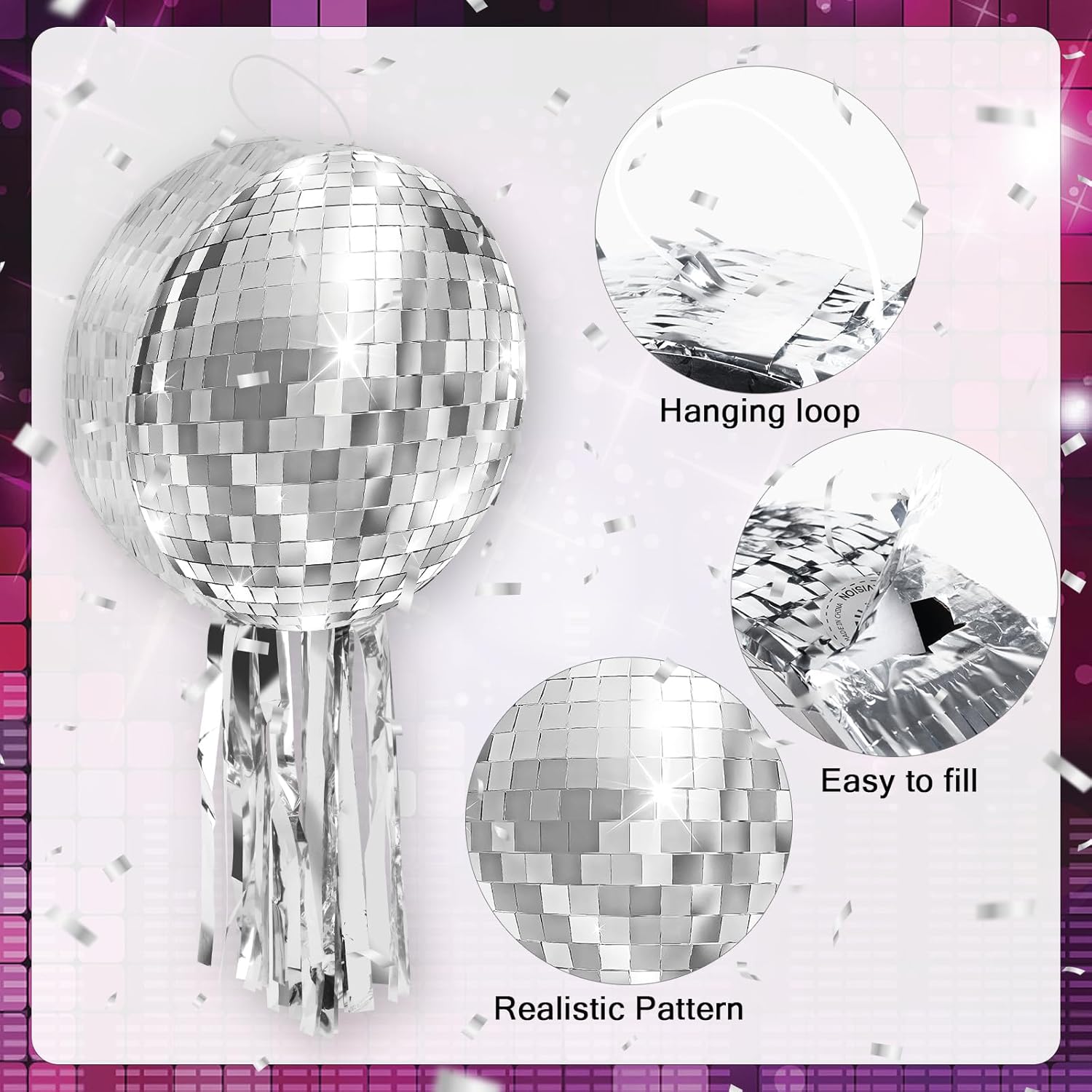 12.5 Inch Disco Party Pinata 80s 90s Disco Ball Pinata with Blindfold Stick Confetti for 80s 90s Discos Birthday Wedding Party Supplies Decor (Discos Ball)
