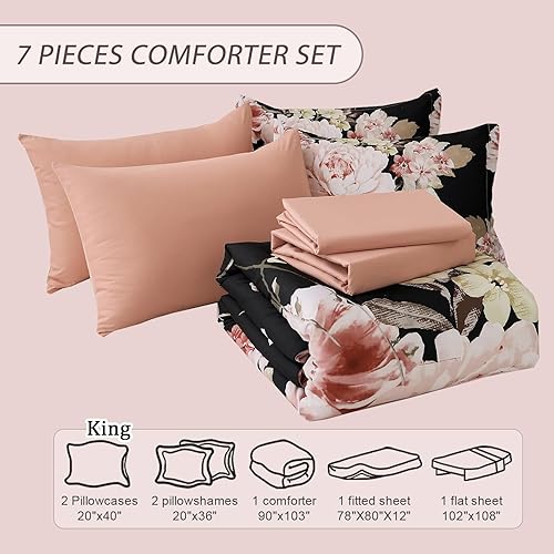 Miniatura 6 de Dintszyayue Juego de edredón negro tamaño King de 7 piezas, ropa de cama floral rosa en una bolsa, juego completo de ropa de cama elegante de flores