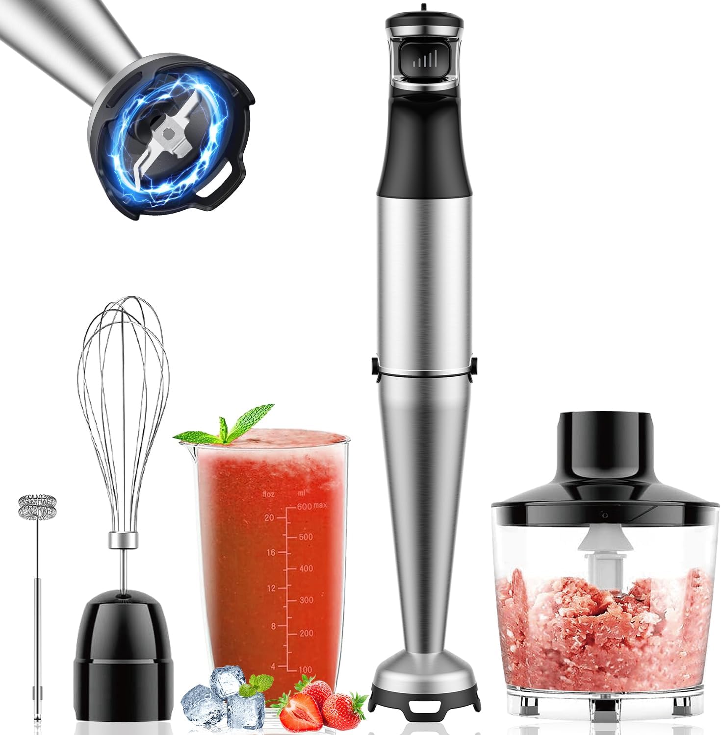 1100W Handheld Hand Blender 5 in 1 Set - Trigger Control Speed Emulsion Blender with Chopper, Whisk and Frother for Soup, Puree Baby Food and Smoothies