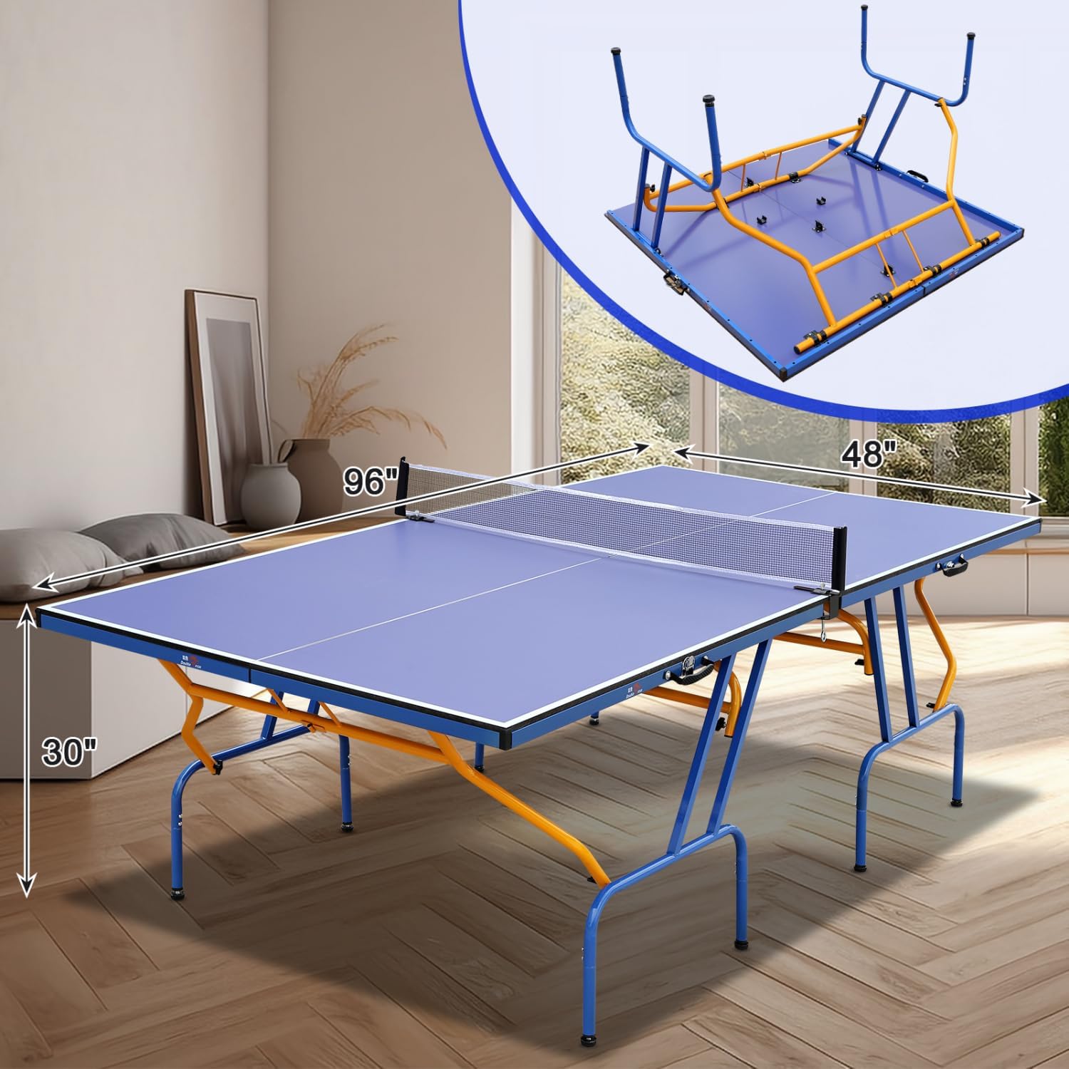 Double Fish Table Tennis Table, 8×4 Ft Foldable & Portable Ping Pong Table Set with 2 Table Tennis Paddles, 3 Balls and Net for Indoor Outdoor Use