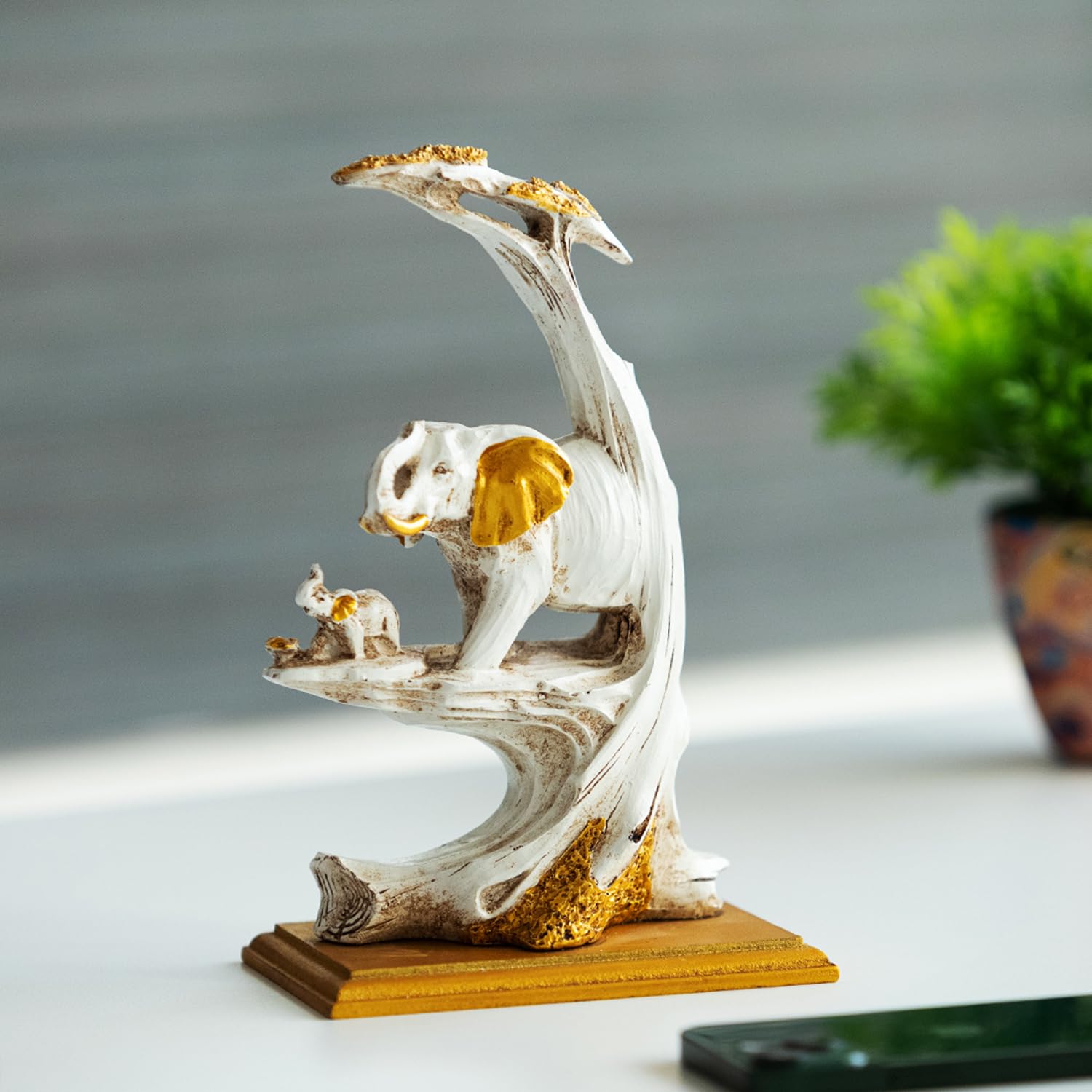 ExclusiveLane Modern 'Elephant with A Calf' Decorative Showpieces Artifacts for Home Décor Living Room Figurines for Gifts (Resin, Handcrafted, 8.8 Inches)