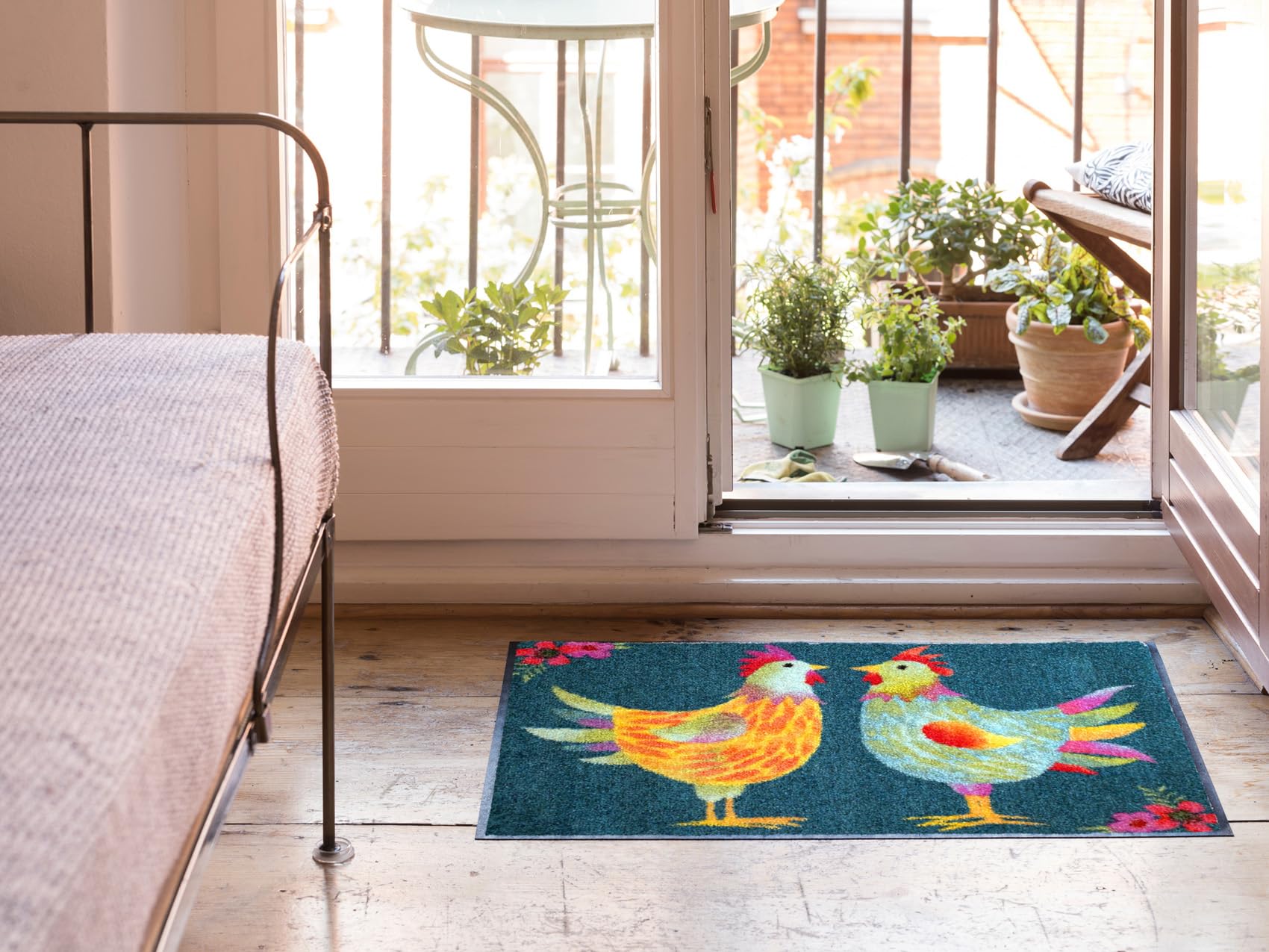 Salonloewe Fussmatte Rainbow Chicken Petrol I Schmutzfangmatte & Fußabtreter für Innen 50 x 75 cm