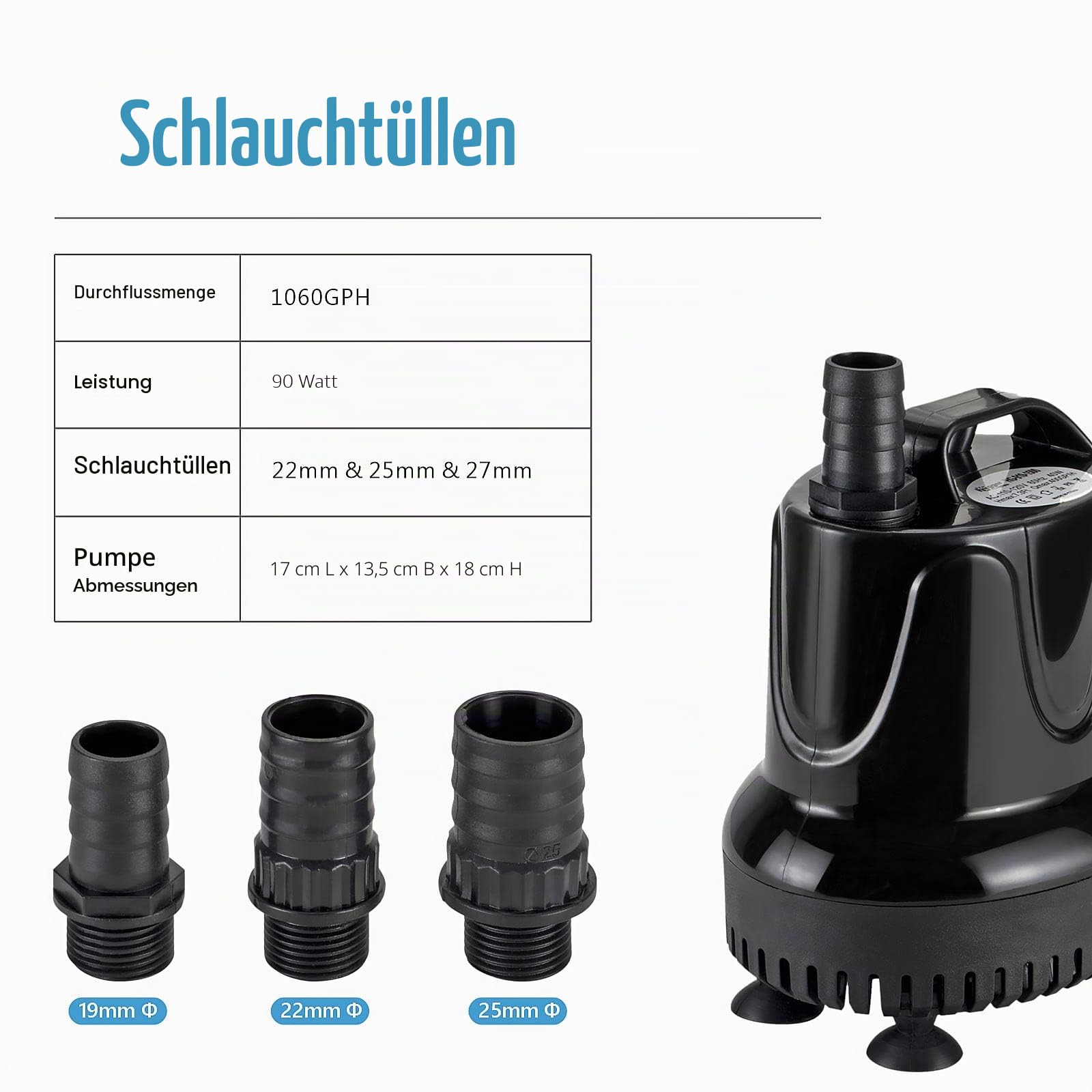 Hygger Mini Wasserpumpe, 4000L/H 90W Ultra Leise Aquarium Tauchpumpe Springbrunnen Pumpe mit 3 Düsen, für Teich, Brunnen, Garten