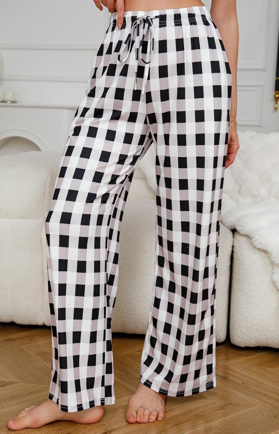 X-Image Comfy Casual Plaid Pajama Pants for Women Drawstring Palazzo Lounge Sleepwear Bottoms with Pockets - Image 3